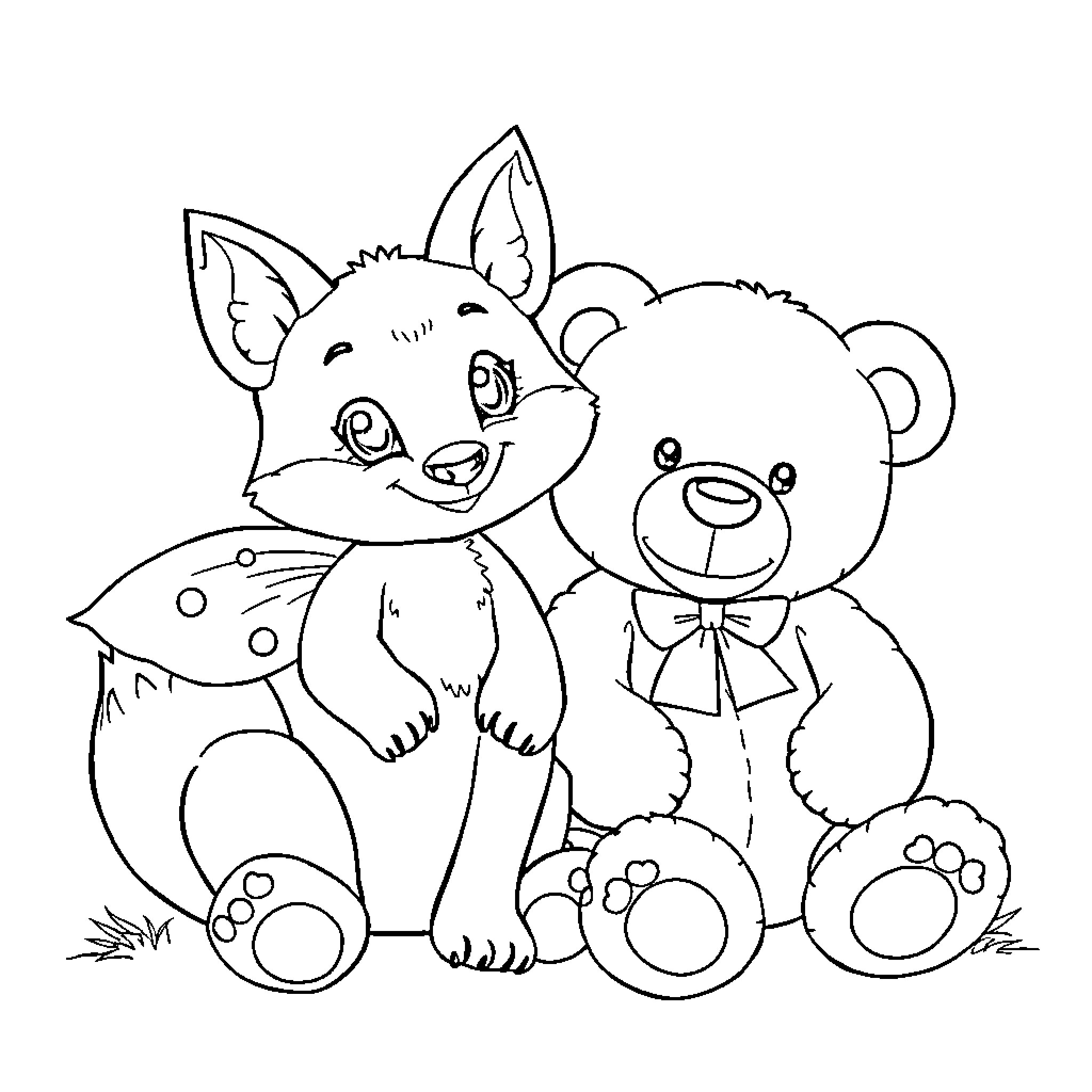 Bug-eyed animal friends playing together Coloring Page (free black-and-white line drawing printable PDF for all, from beginners to advanced learners, including children, teens, adults, and seniors)