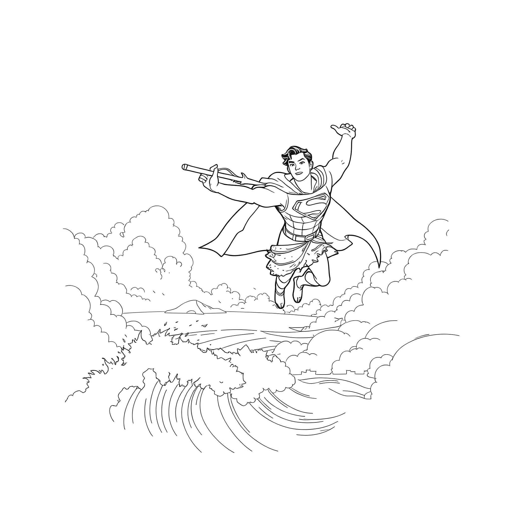 Moana soaring through the clouds with her magical abilities Coloring Page (free black-and-white line drawing printable PDF for all, from beginners to advanced learners, including children, teens, adults, and seniors)