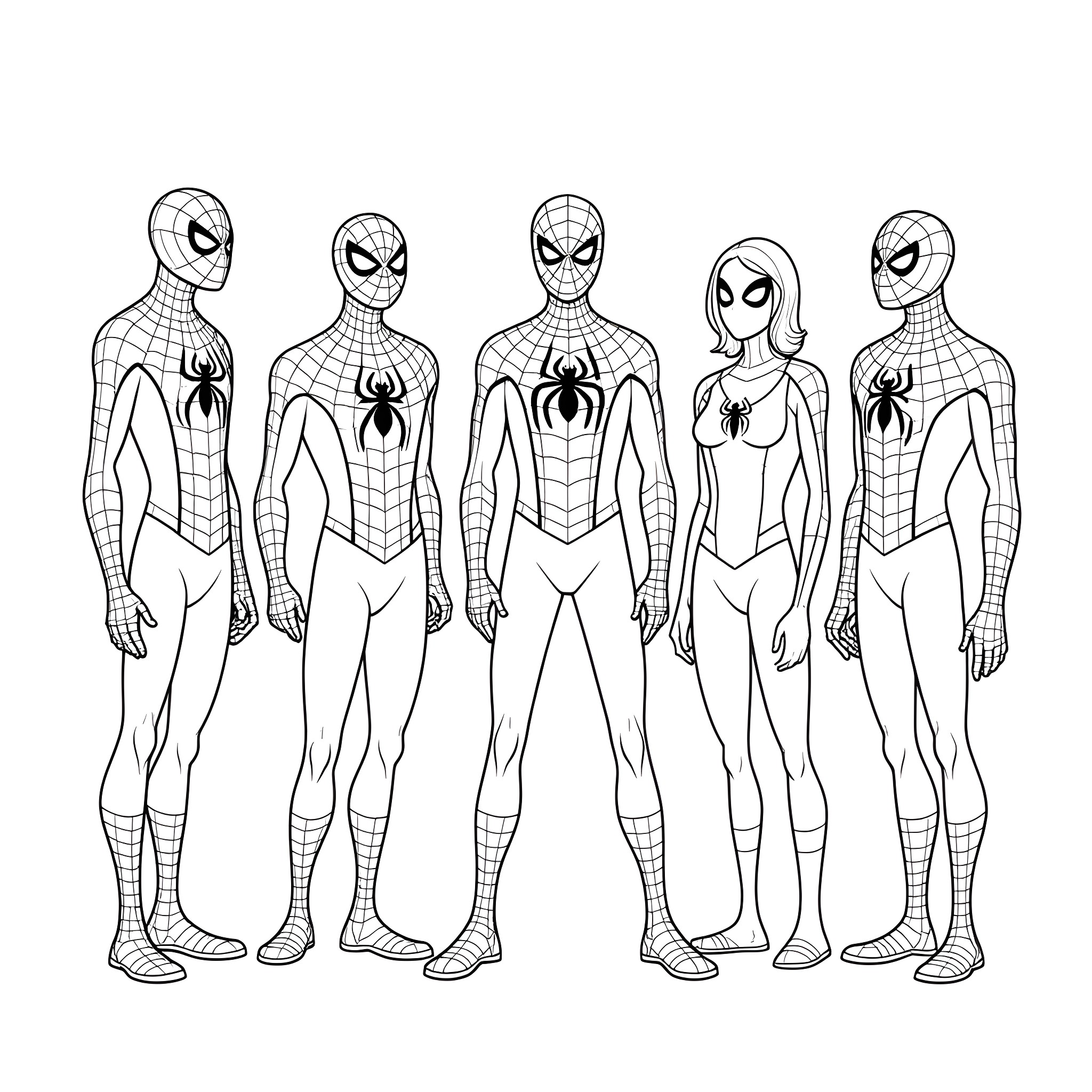 Spidey superheroes in action poses Coloring Page (free black-and-white line drawing printable PDF for all, from beginners to advanced learners, including children, teens, adults, and seniors)