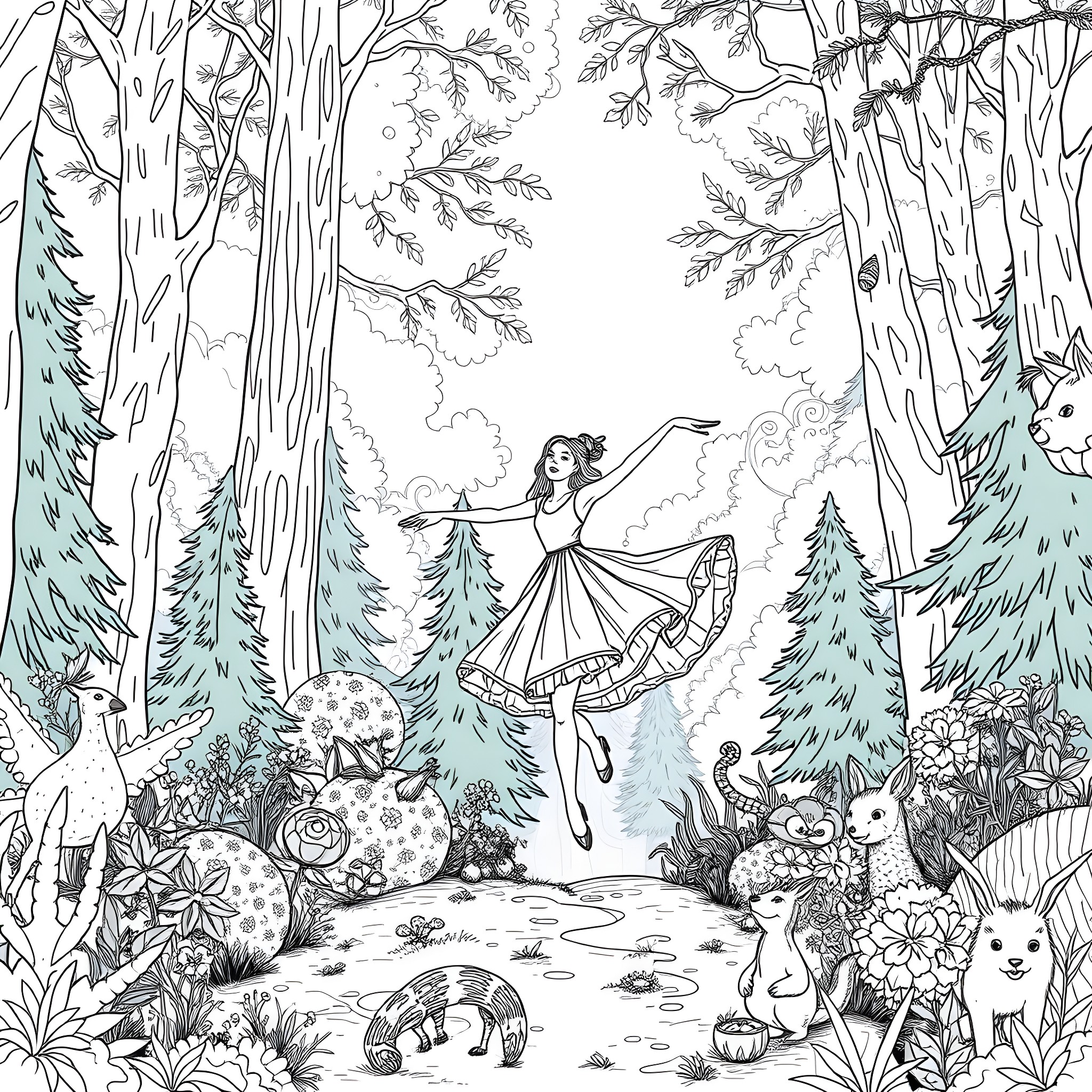 Bjork dancing amidst whimsical forest scenery Coloring Page (free black-and-white line drawing printable PDF for all, from beginners to advanced learners, including children, teens, adults, and seniors)