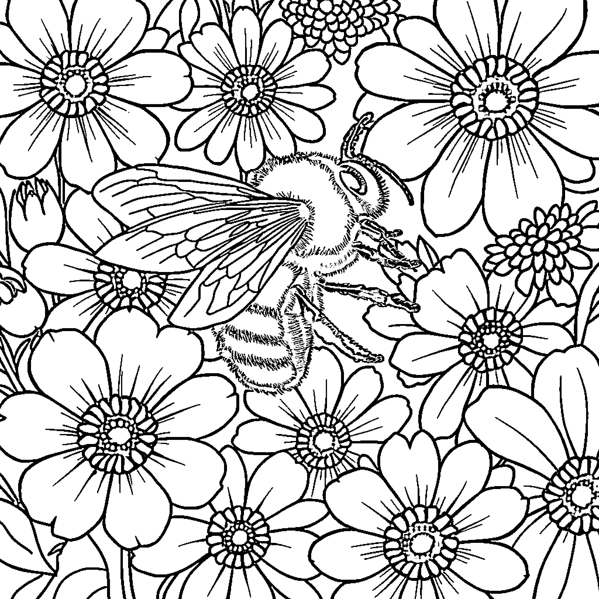 Bee exploring vibrant floral garden Coloring Page (free black-and-white line drawing printable PDF for all, from beginners to advanced learners, including children, teens, adults, and seniors)