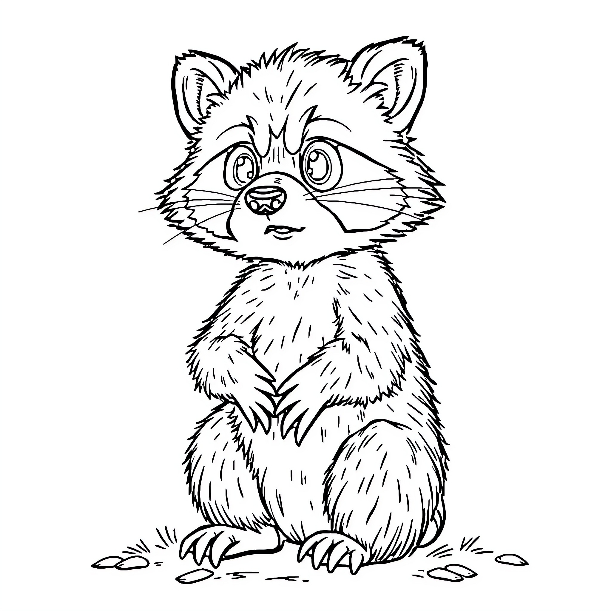 Raccoon in a curious pose Coloring Page (free black-and-white line drawing printable PDF for all, from beginners to advanced learners, including children, teens, adults, and seniors)