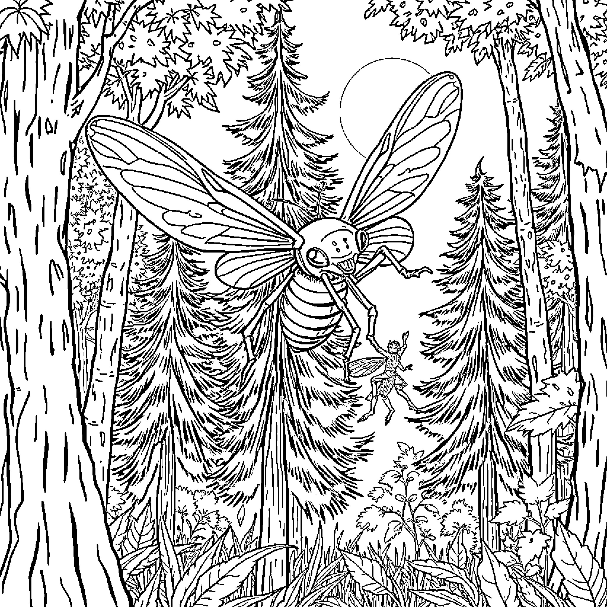 Cicada exploring the enchanted forest Coloring Page (free black-and-white line drawing printable PDF for all, from beginners to advanced learners, including children, teens, adults, and seniors)