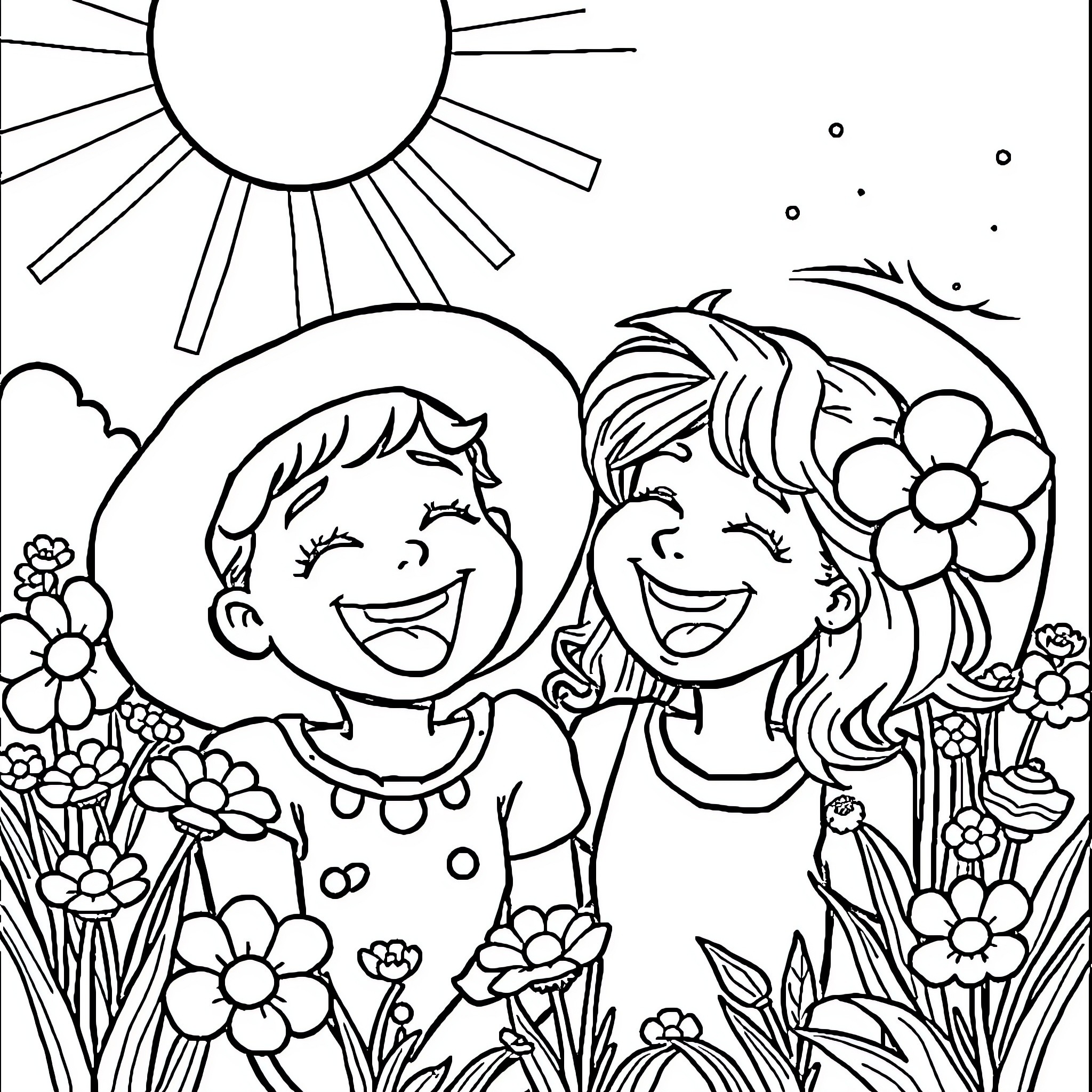 Day of Joy and Friendship in the Garden Coloring Page (free black-and-white line drawing printable PDF for all, from beginners to advanced learners, including children, teens, adults, and seniors)