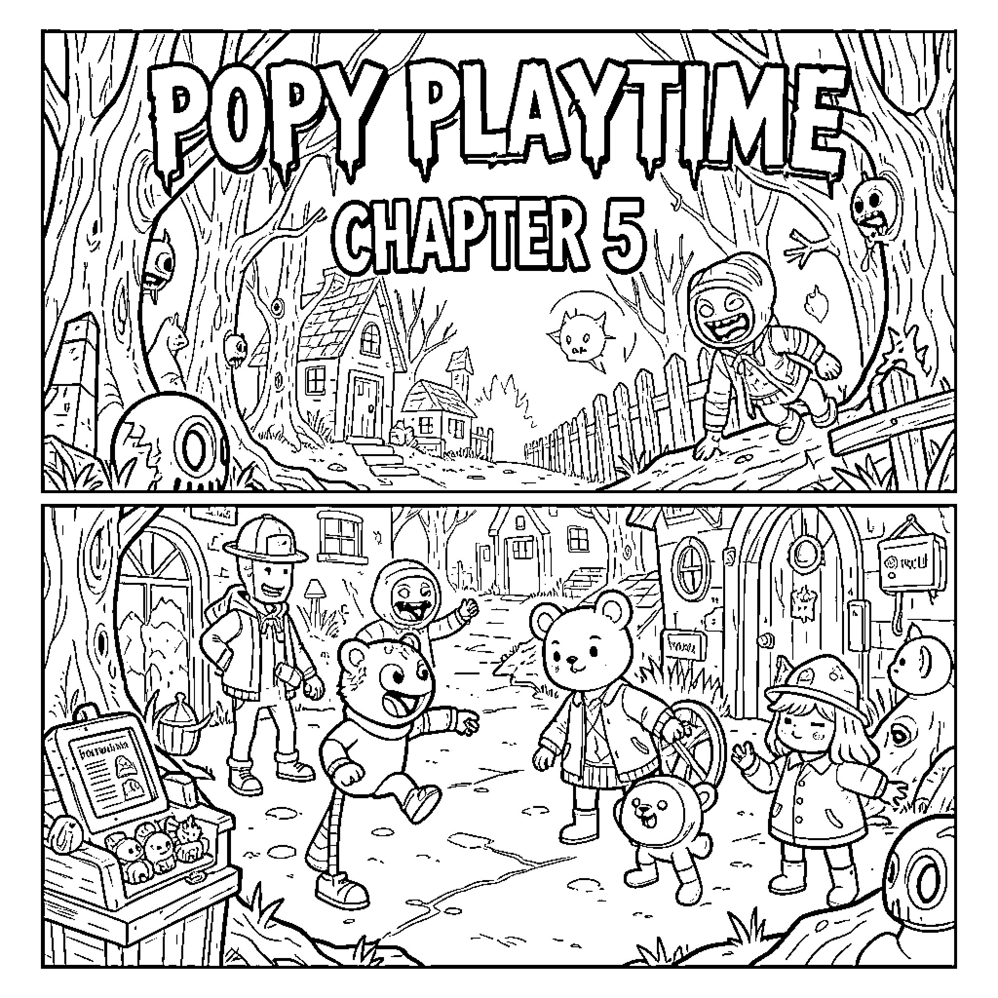 Poppy Playtime Chapter 5 with Whimsical Characters Coloring Page (free black-and-white line drawing printable PDF for all, from beginners to advanced learners, including children, teens, adults, and seniors)