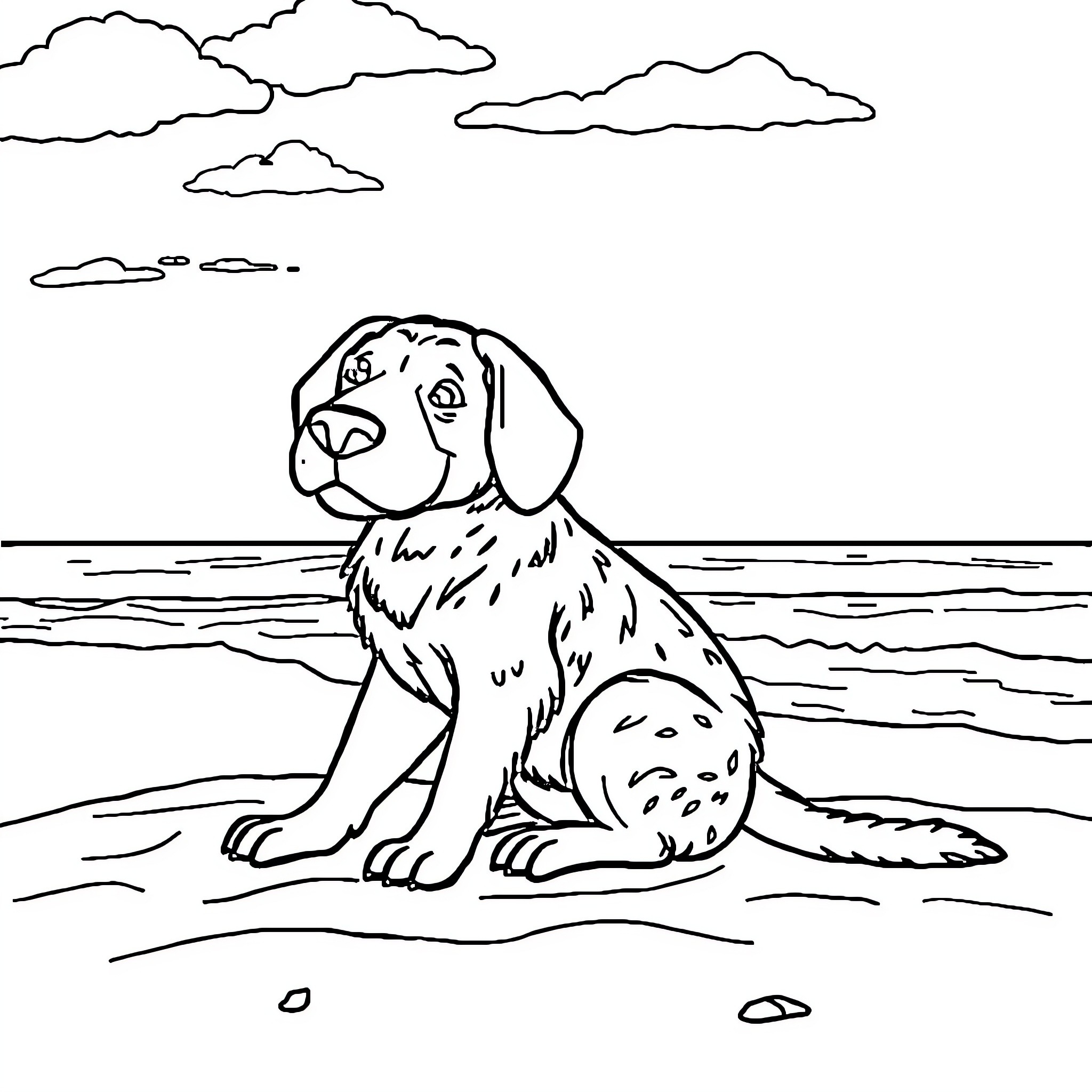 Labubu sitting on the beach with clouds above Coloring Page (free black-and-white line drawing printable PDF for all, from beginners to advanced learners, including children, teens, adults, and seniors)