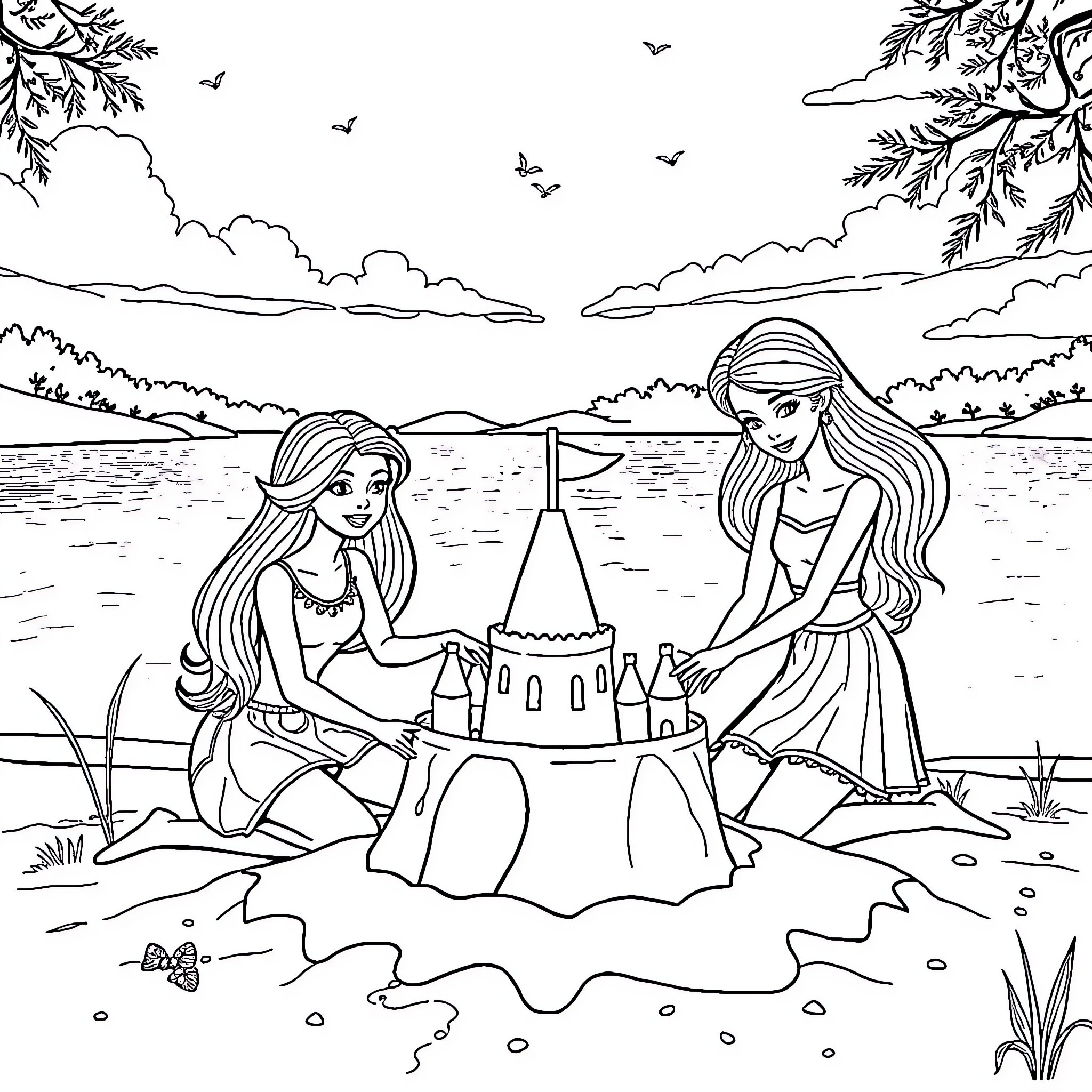 Barbie girls building a sand castle by the lake Coloring Page (free black-and-white line drawing printable PDF for all, from beginners to advanced learners, including children, teens, adults, and seniors)