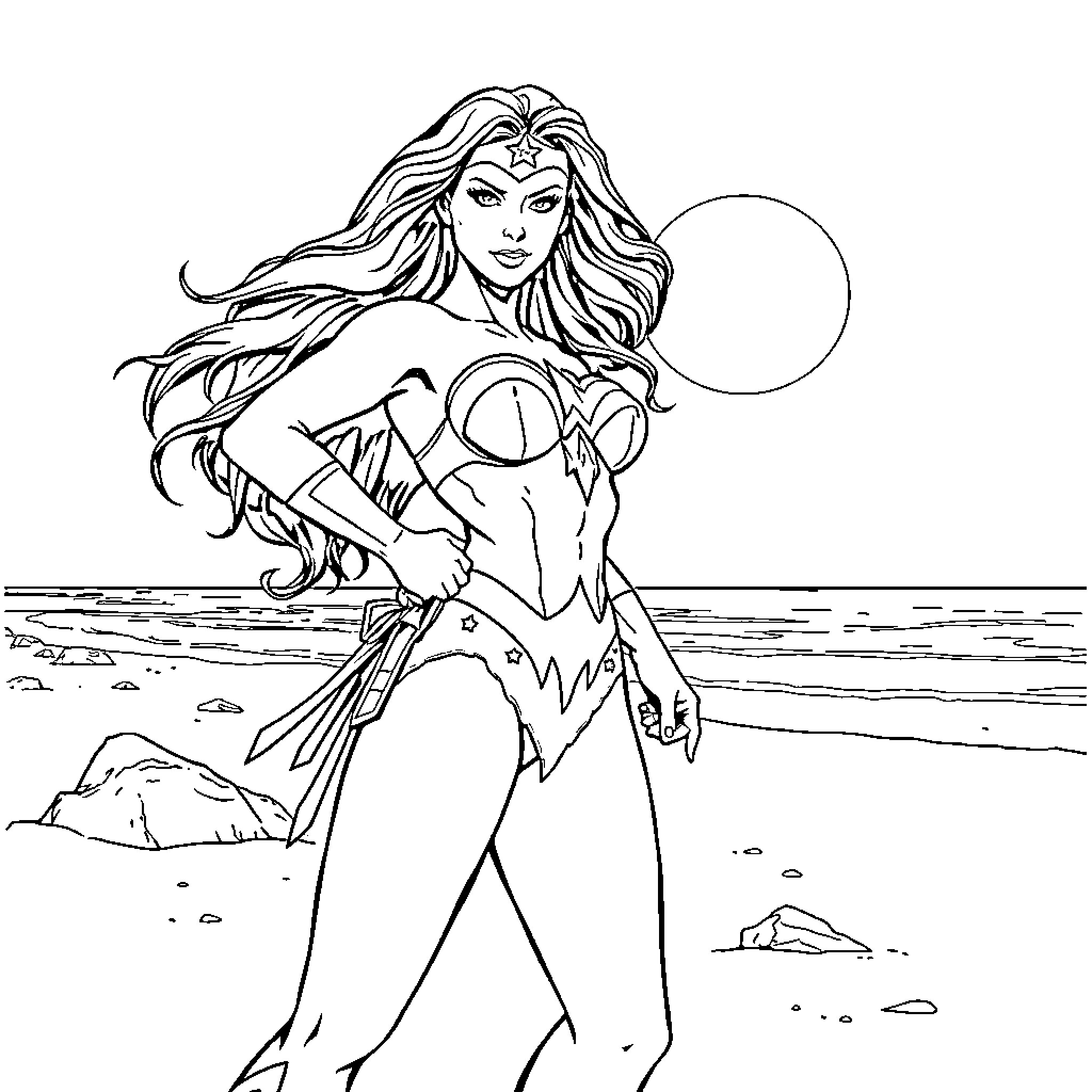 Wonder Woman heroically poses on the beach Coloring Page (free black-and-white line drawing printable PDF for all, from beginners to advanced learners, including children, teens, adults, and seniors)