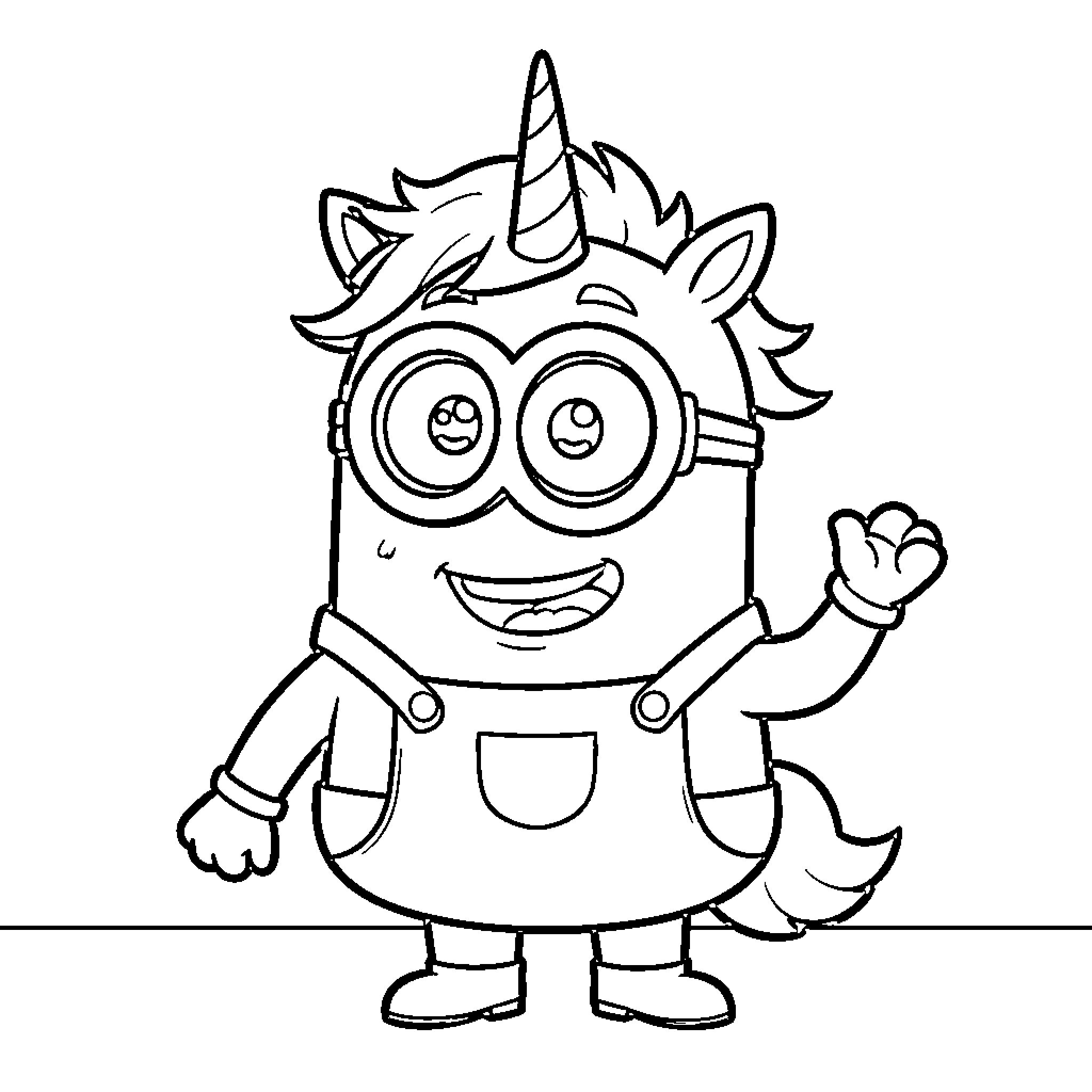 Minion dressed as a unicorn waving happily Coloring Page (free black-and-white line drawing printable PDF for all, from beginners to advanced learners, including children, teens, adults, and seniors)