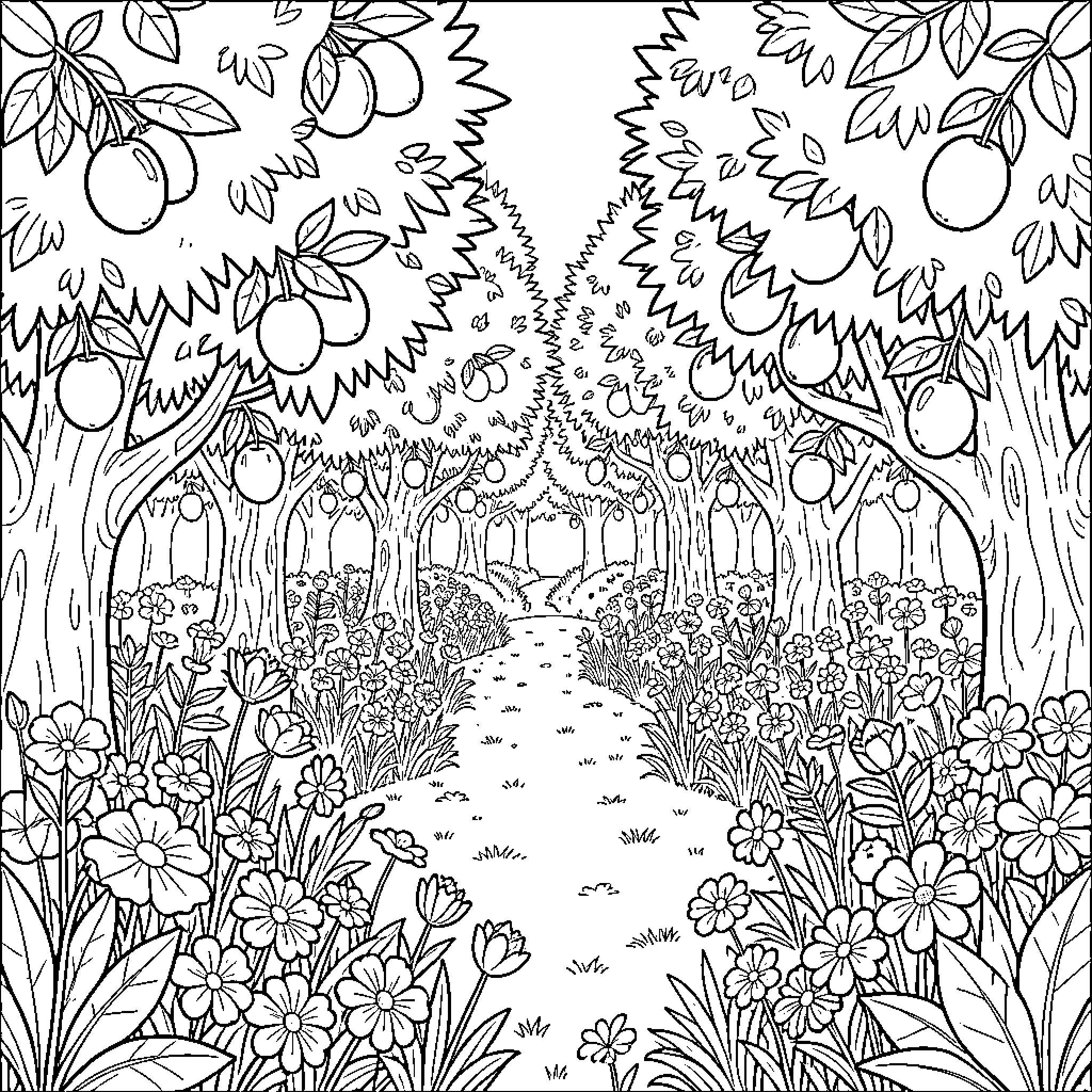 Garden of Whimsical Blooms and Foliage Coloring Page (free black-and-white line drawing printable PDF for all, from beginners to advanced learners, including children, teens, adults, and seniors)
