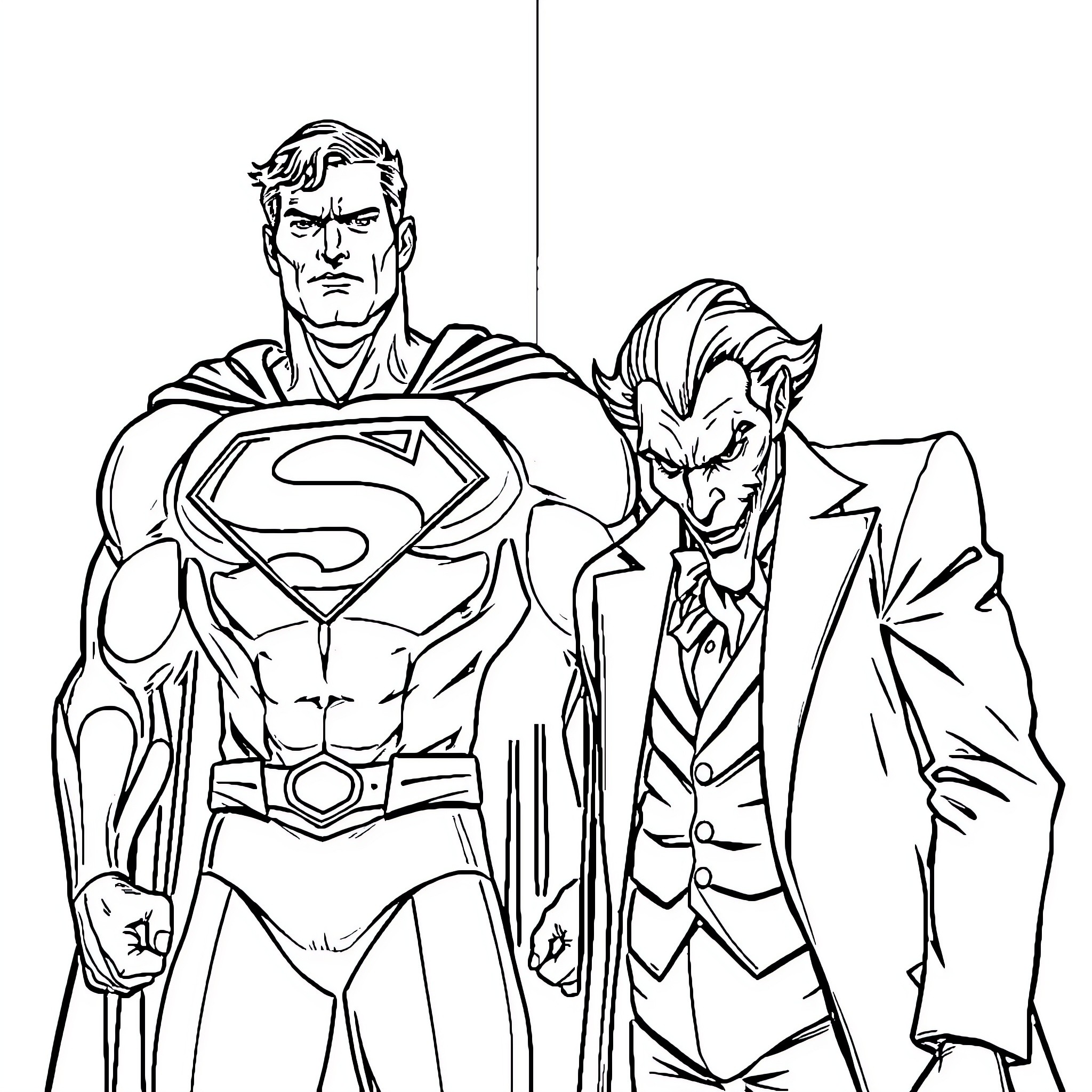 Superman and The Joker Confrontation Coloring Page (free black-and-white line drawing printable PDF for all, from beginners to advanced learners, including children, teens, adults, and seniors)