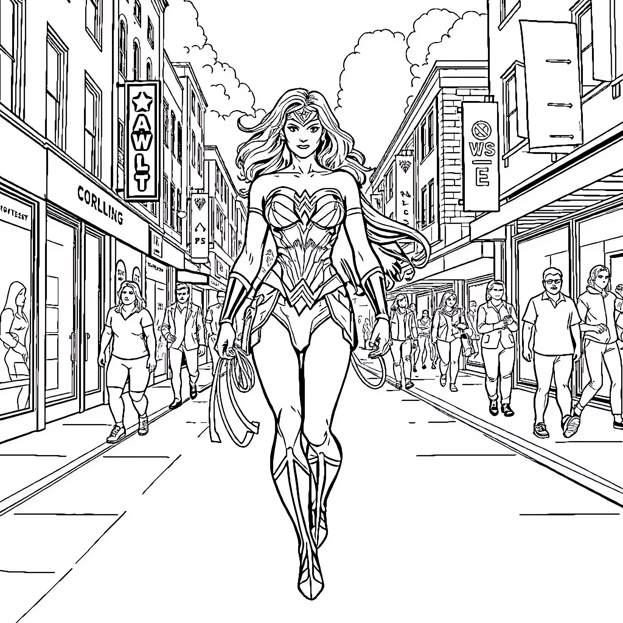 Wonder Woman in heroic pose on city street Coloring Page (free black-and-white line drawing printable PDF for all, from beginners to advanced learners, including children, teens, adults, and seniors)
