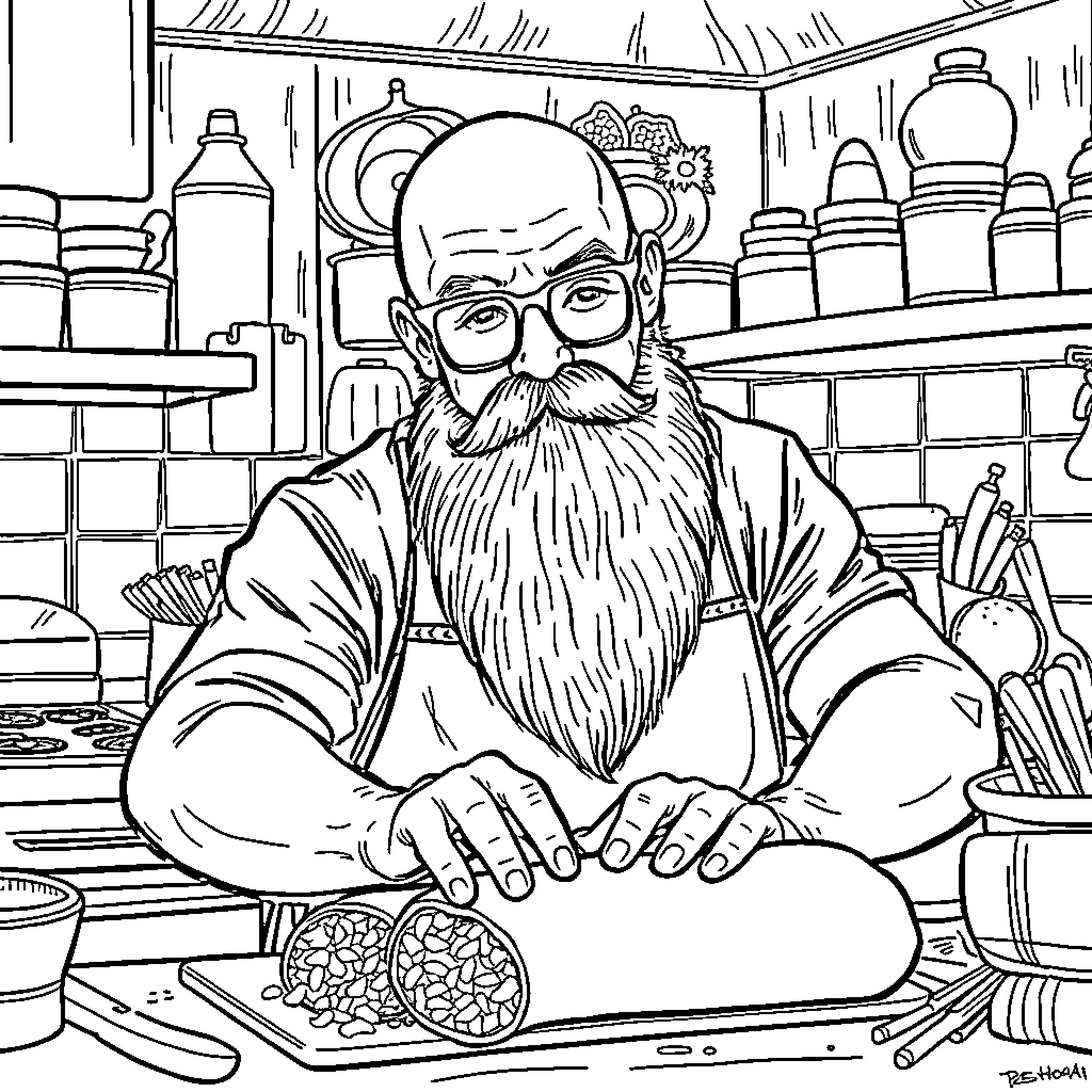 Man in Beard Preparing Food in Kitchen Coloring Page (free black-and-white line drawing printable PDF for all, from beginners to advanced learners, including children, teens, adults, and seniors)