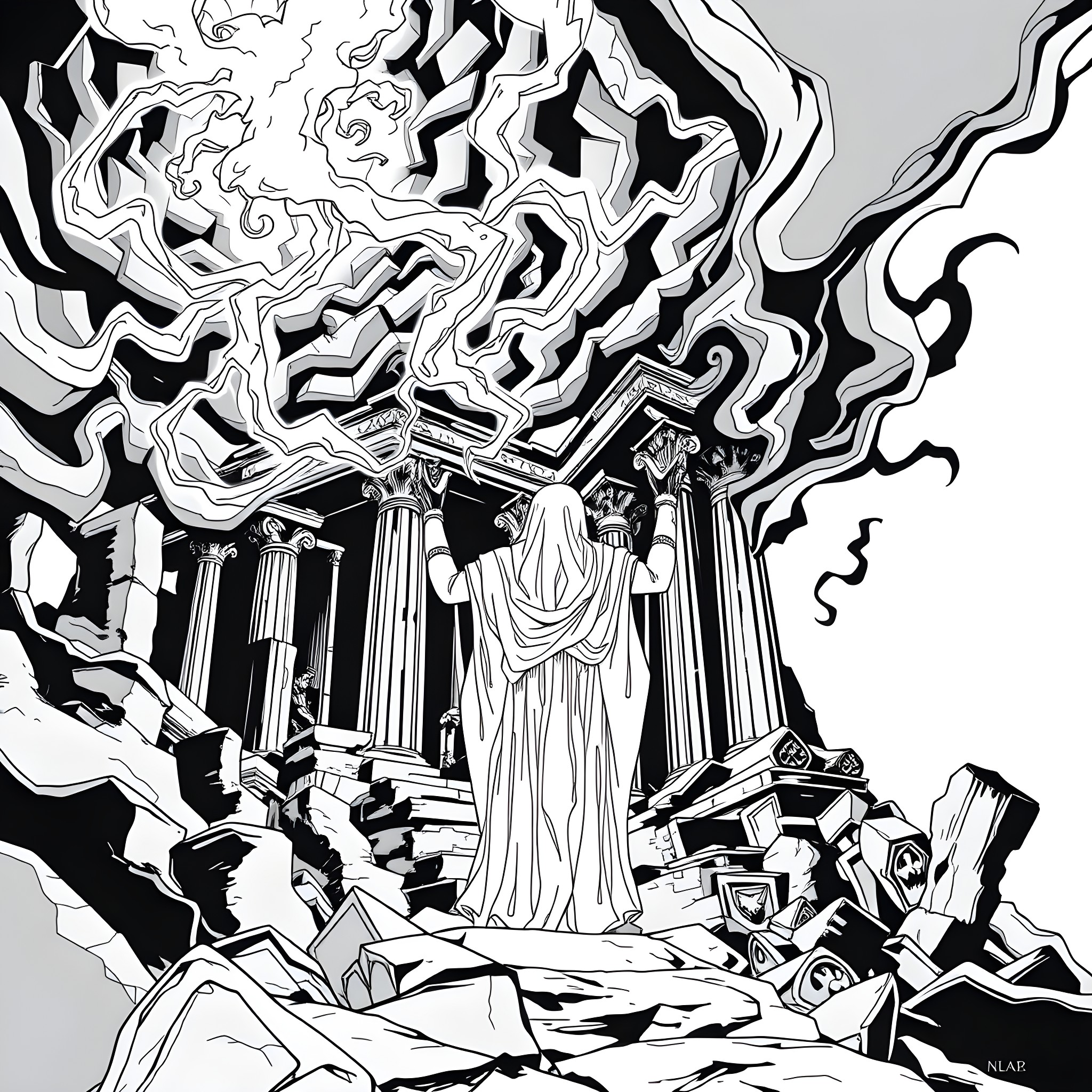 Vecna Summoning the Undead in a Ruined Throne Room Coloring Page (free black-and-white line drawing printable PDF for all, from beginners to advanced learners, including children, teens, adults, and seniors)