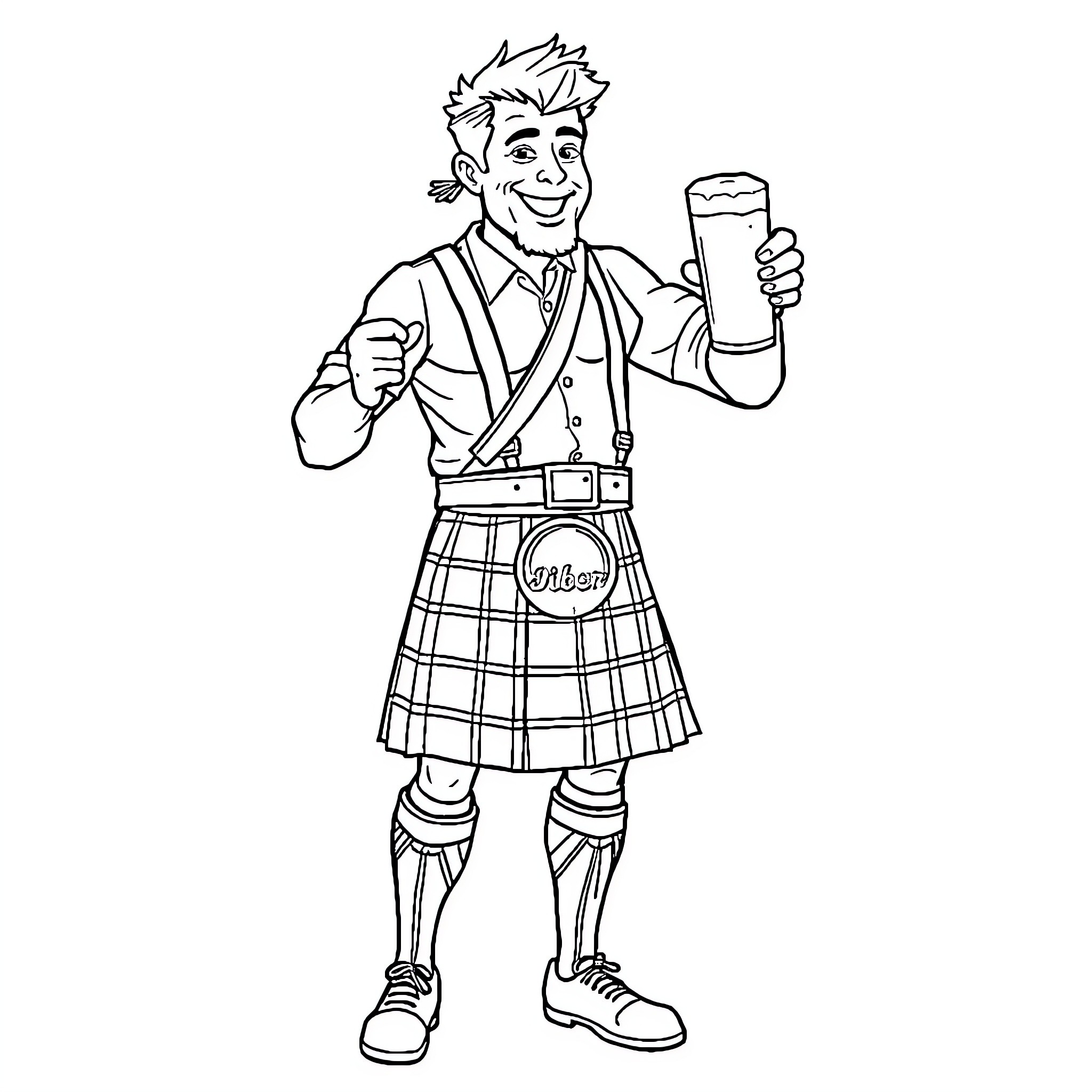 Beer-drinking man in traditional Scottish attire Coloring Page (free black-and-white line drawing printable PDF for all, from beginners to advanced learners, including children, teens, adults, and seniors)