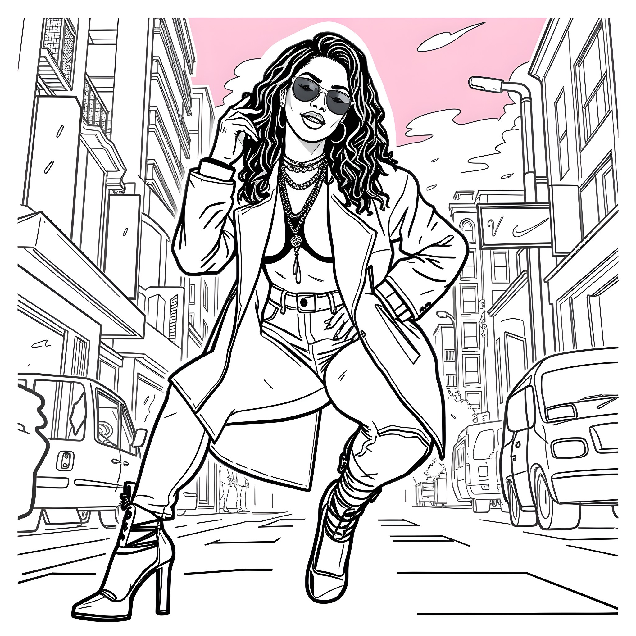 Cardi B Strutting Confidently Through the City Streets Coloring Page (free black-and-white line drawing printable PDF for all, from beginners to advanced learners, including children, teens, adults, and seniors)