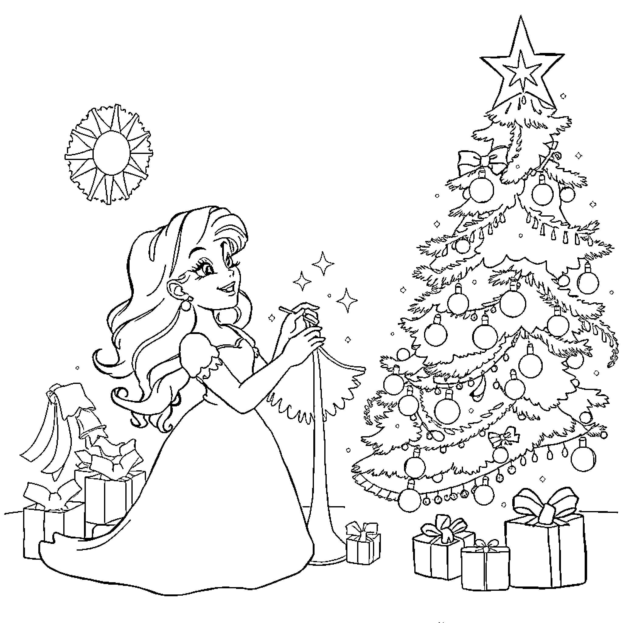 Beauty And The Beast Decorating Christmas Tree Coloring Page (free black-and-white line drawing printable PDF for all, from beginners to advanced learners, including children, teens, adults, and seniors)