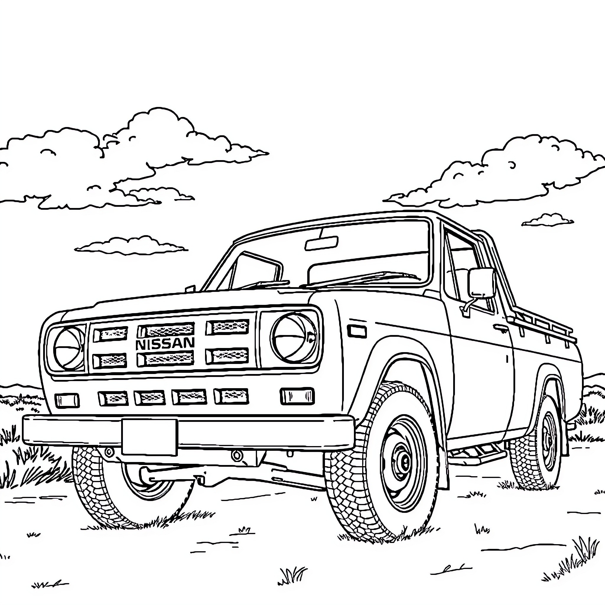 Nissan D21 truck off-road adventure Coloring Page (free black-and-white line drawing printable PDF for all, from beginners to advanced learners, including children, teens, adults, and seniors)
