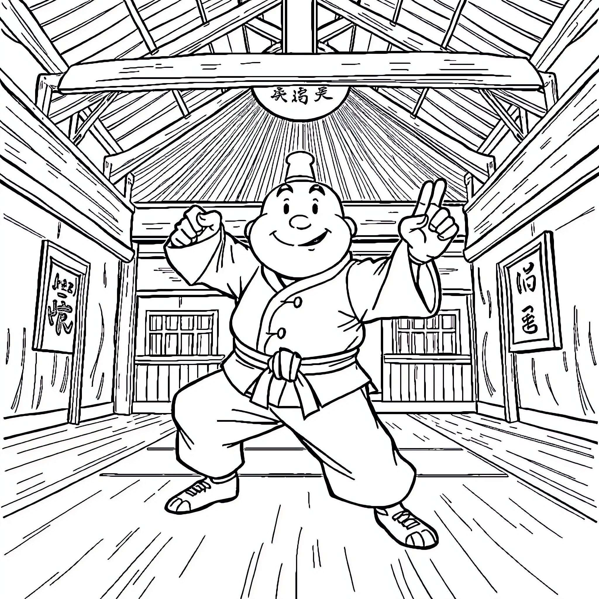 Captain Underpants Strikes a Heroic Pose in Ancient Temple Coloring Page (free black-and-white line drawing printable PDF for all, from beginners to advanced learners, including children, teens, adults, and seniors)
