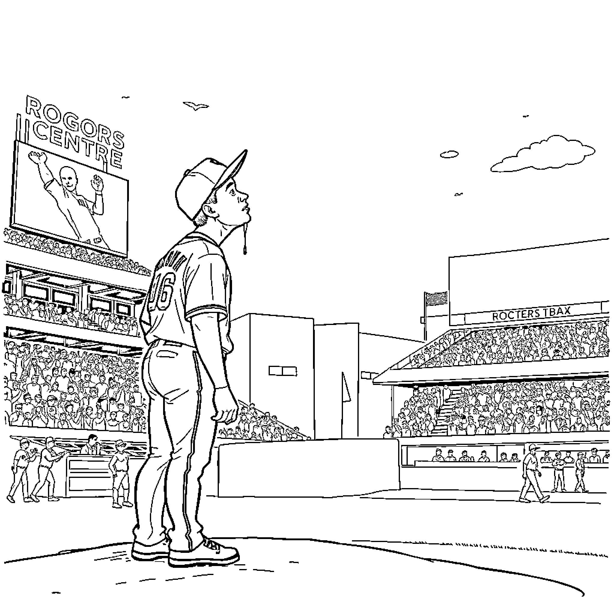 Shohei Ohtani standing on baseball field with stadium background Coloring Page (free black-and-white line drawing printable PDF for all, from beginners to advanced learners, including children, teens, adults, and seniors)