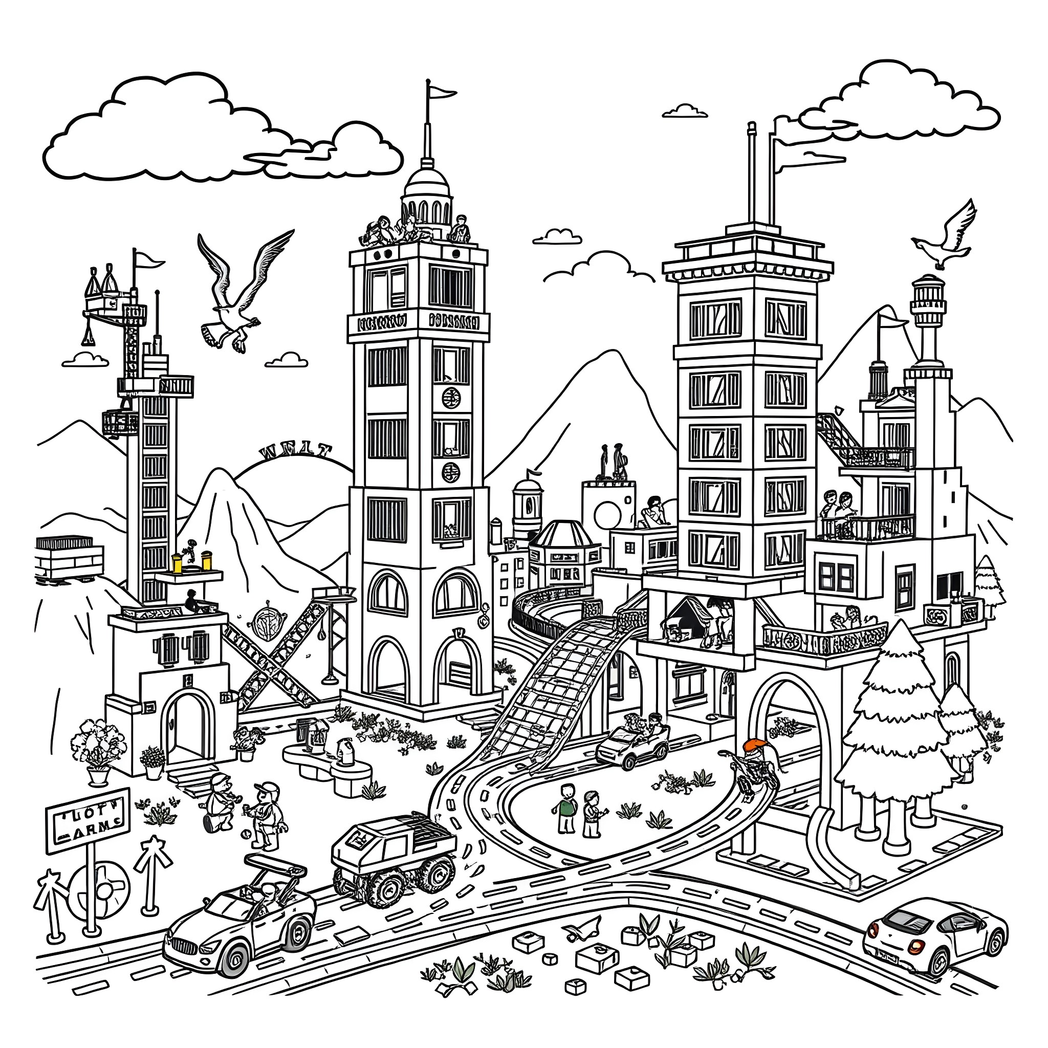 Lego City with People, Buildings, and Vehicles Coloring Page (free black-and-white line drawing printable PDF for all, from beginners to advanced learners, including children, teens, adults, and seniors)