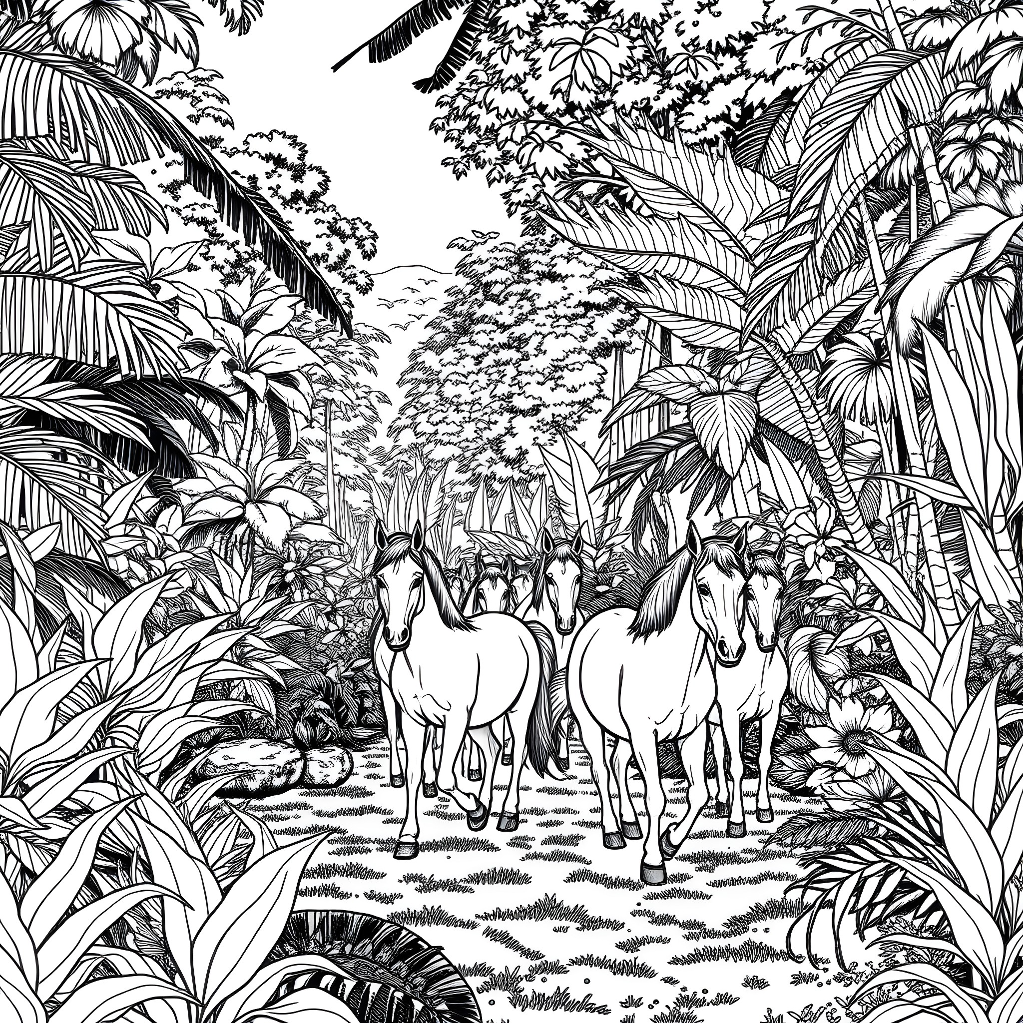 Pony in the lush tropical forest Coloring Page (free black-and-white line drawing printable PDF for all, from beginners to advanced learners, including children, teens, adults, and seniors)