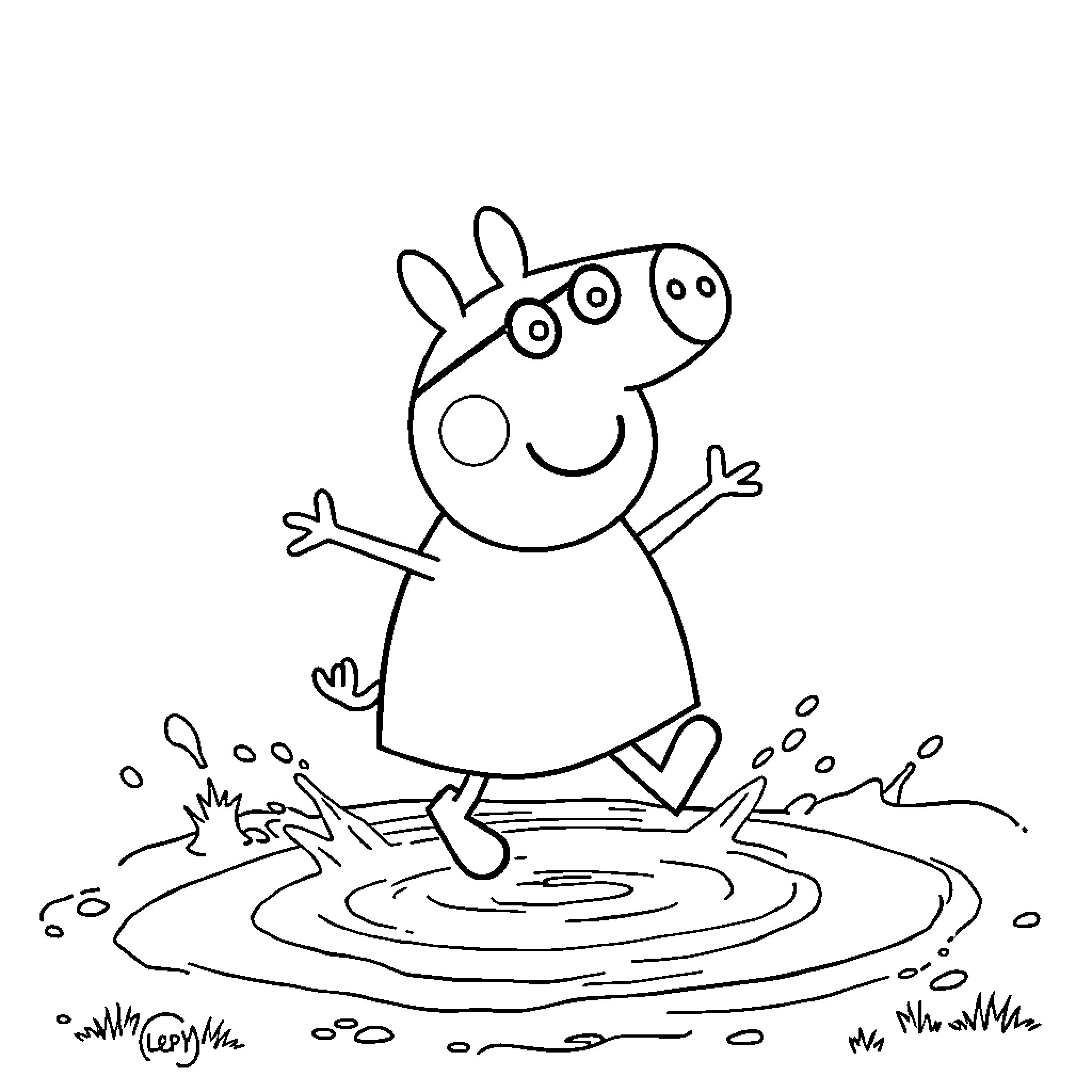 Peppa Pig playing happily in the puddle Coloring Page (free black-and-white line drawing printable PDF for all, from beginners to advanced learners, including children, teens, adults, and seniors)