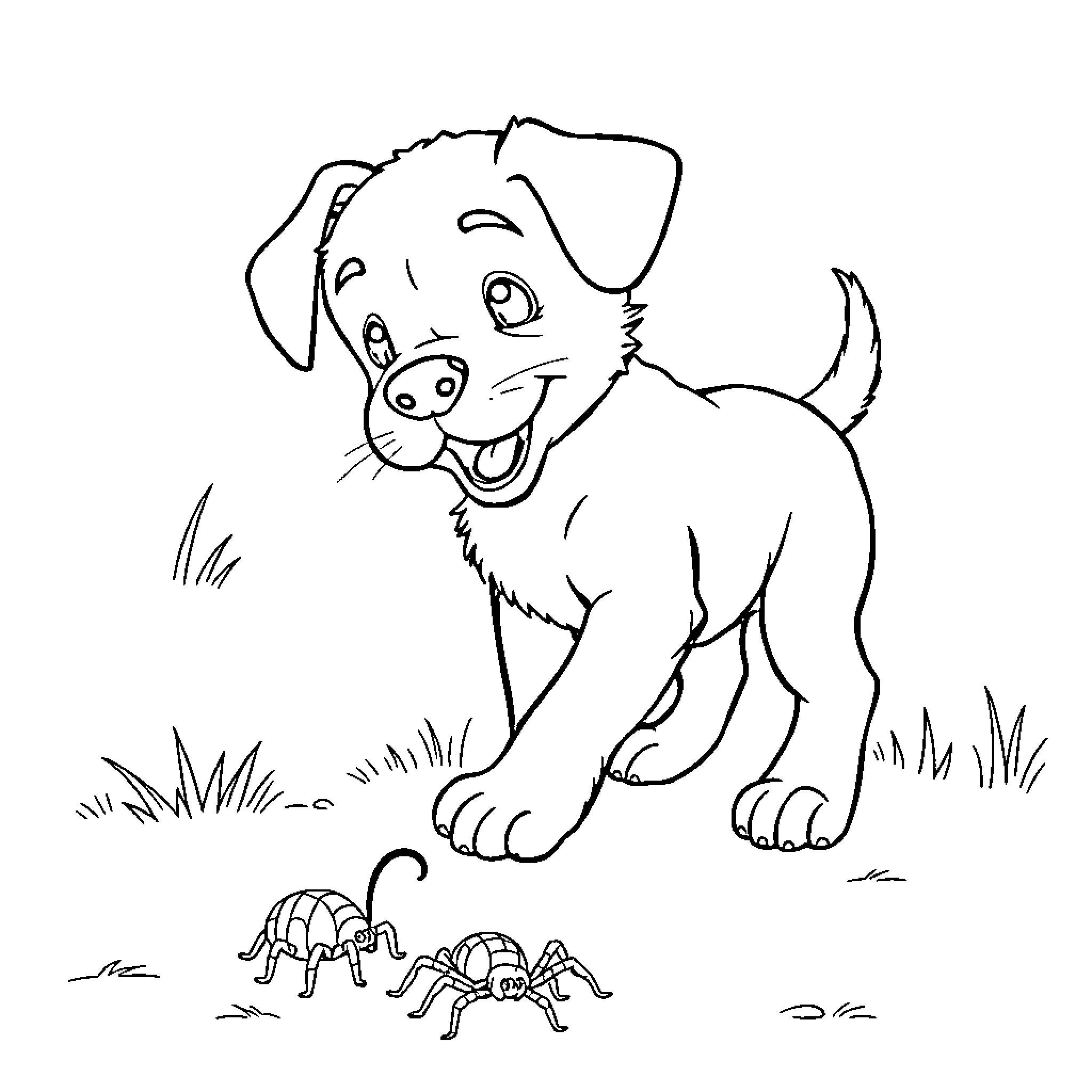 Puppy chasing spiders in the grass Coloring Page (free black-and-white line drawing printable PDF for all, from beginners to advanced learners, including children, teens, adults, and seniors)