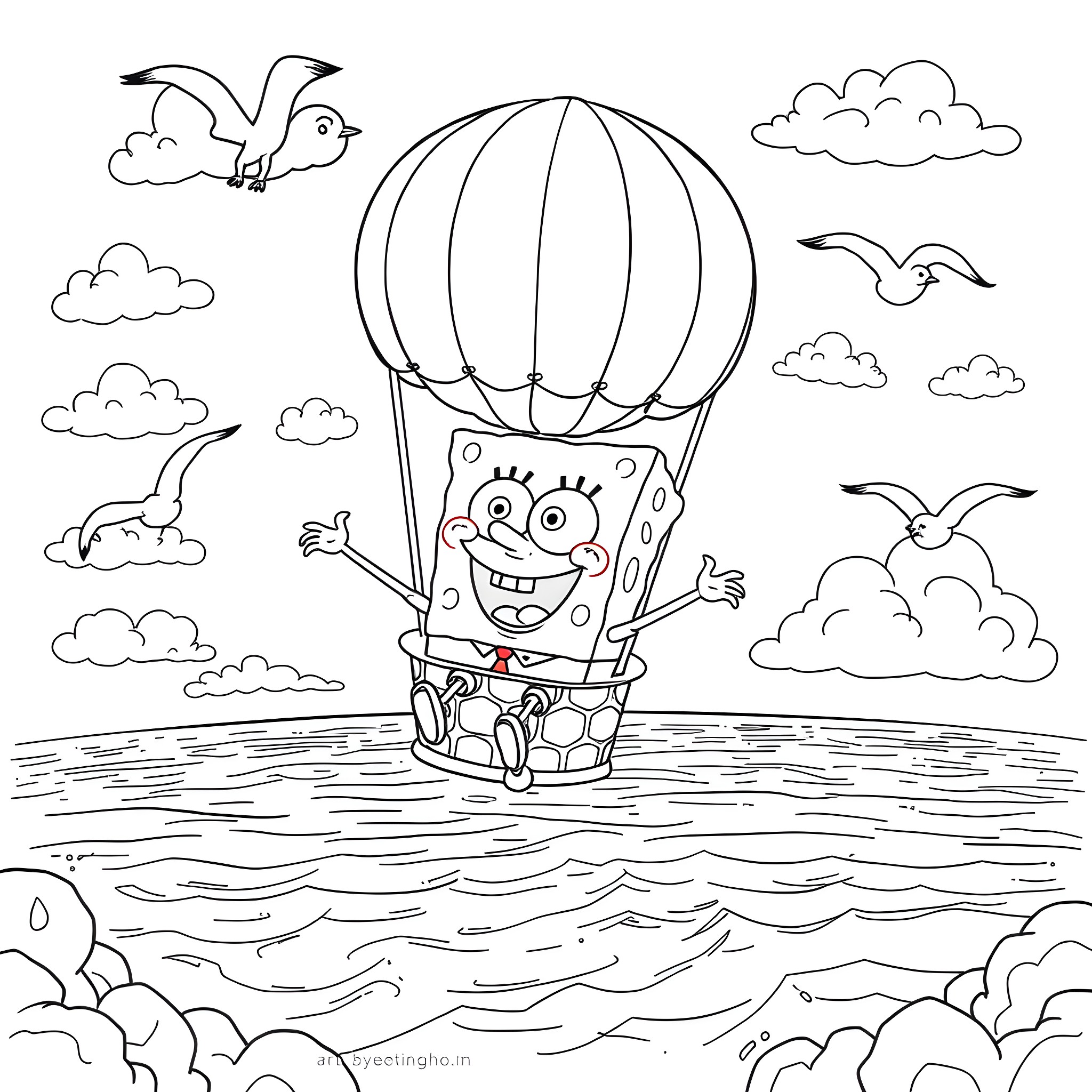 Spongebob rides a hot air balloon adventure Coloring Page (free black-and-white line drawing printable PDF for all, from beginners to advanced learners, including children, teens, adults, and seniors)