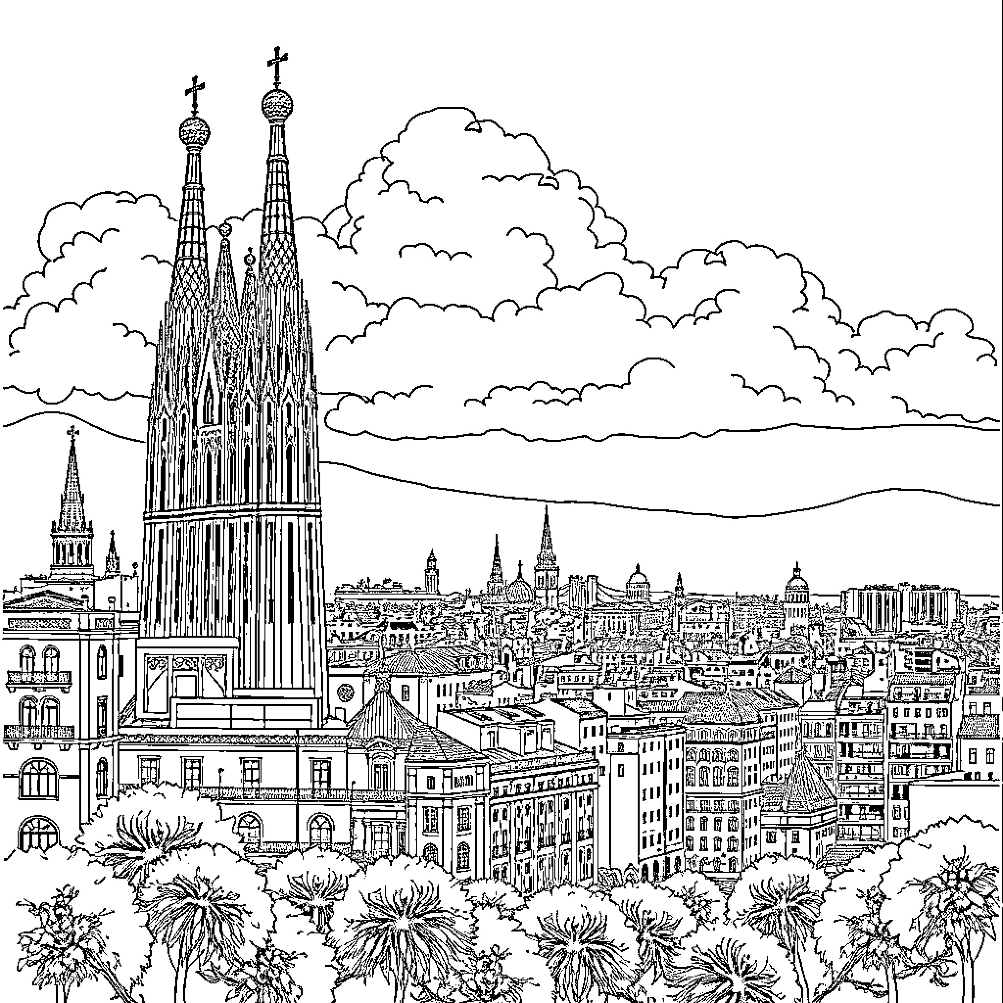Barcelona skyline with iconic cathedral and cityscape Coloring Page (free black-and-white line drawing printable PDF for all, from beginners to advanced learners, including children, teens, adults, and seniors)