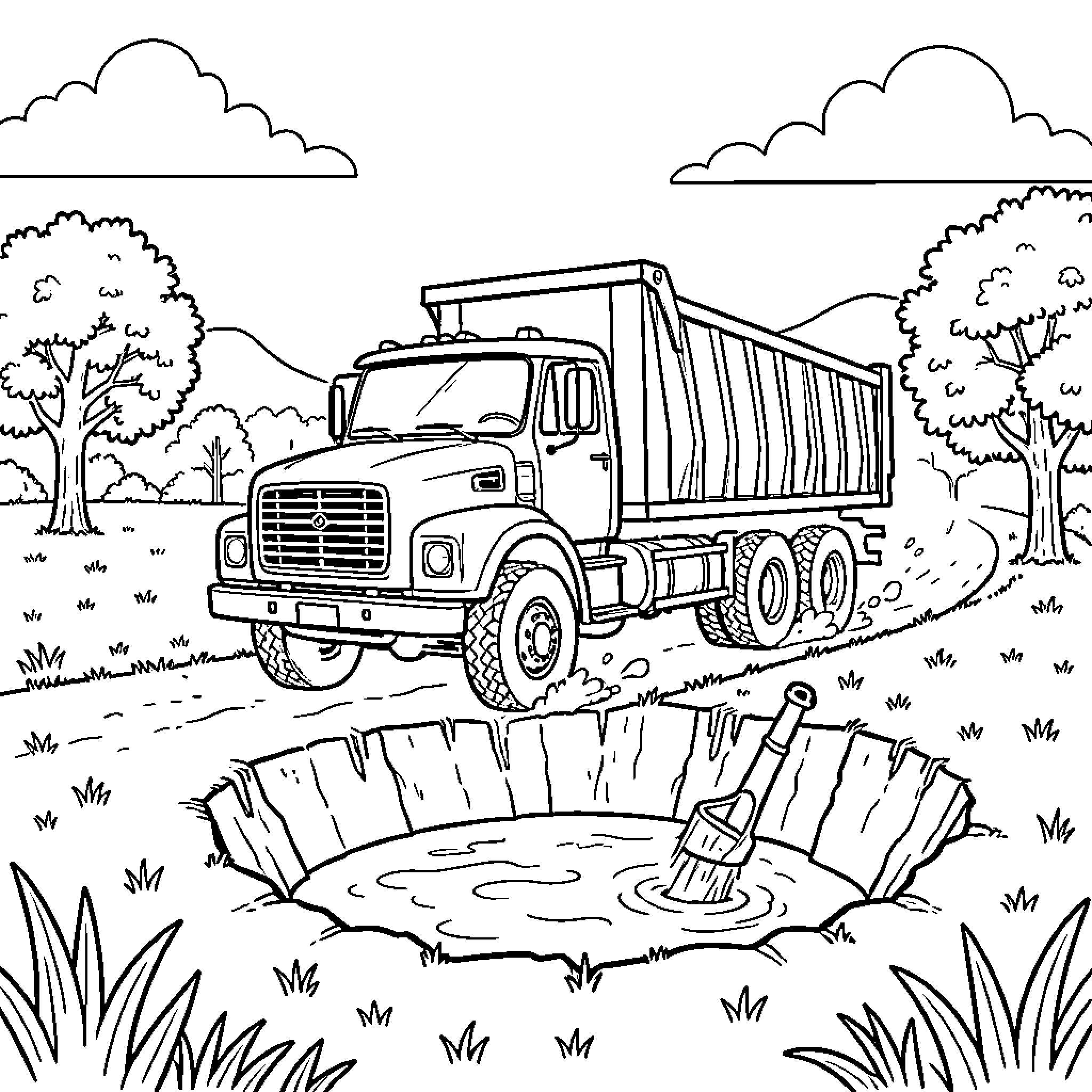 Camion hauling cargo through scenic countryside Coloring Page (free black-and-white line drawing printable PDF for all, from beginners to advanced learners, including children, teens, adults, and seniors)