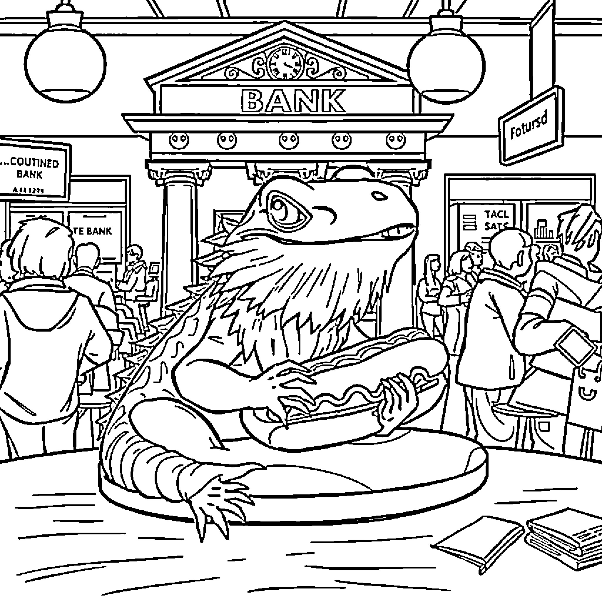 Bearded Dragon Guarding the Bank Coloring Page (free black-and-white line drawing printable PDF for all, from beginners to advanced learners, including children, teens, adults, and seniors)