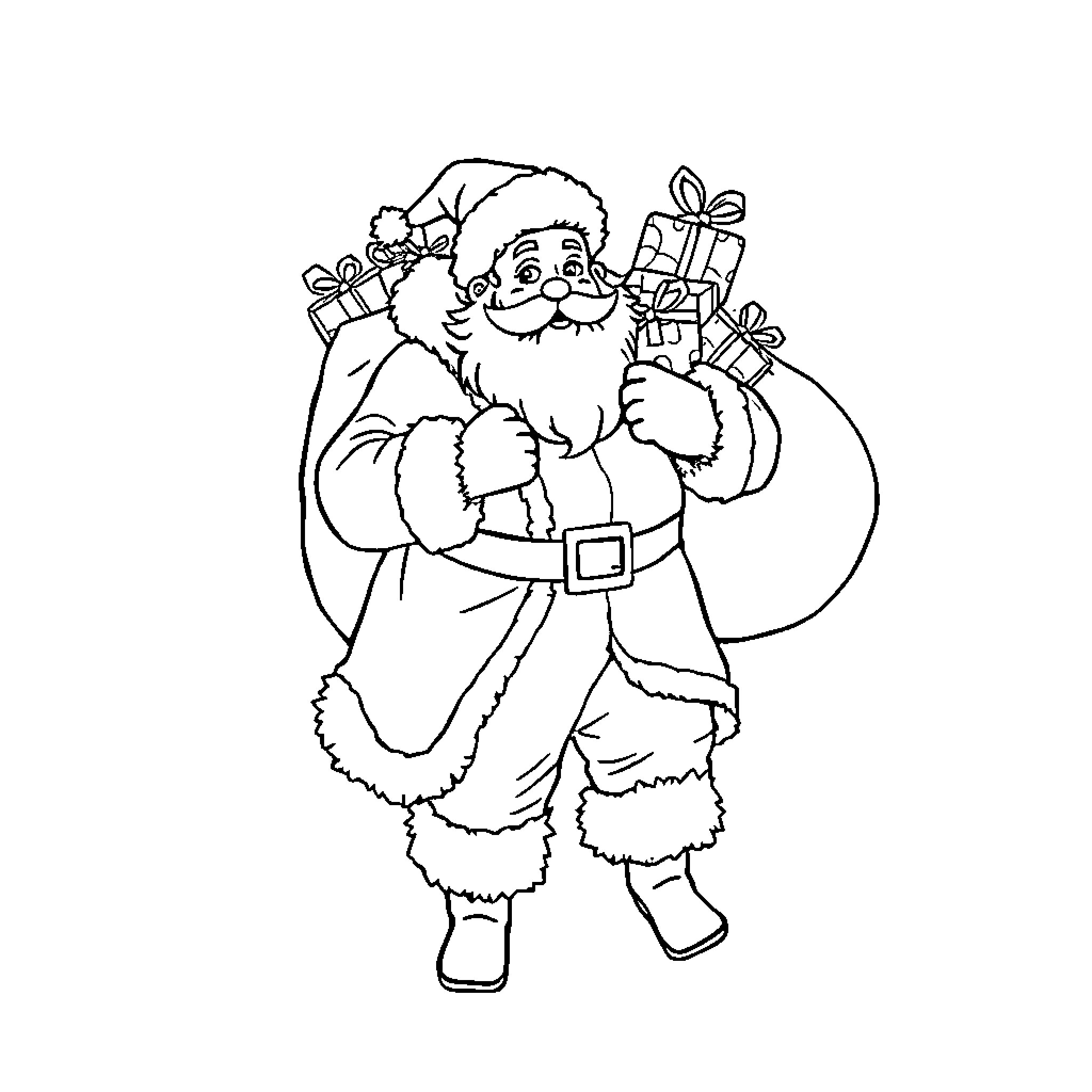 Santa Claus delivering Christmas presents happily Coloring Page (free black-and-white line drawing printable PDF for all, from beginners to advanced learners, including children, teens, adults, and seniors)