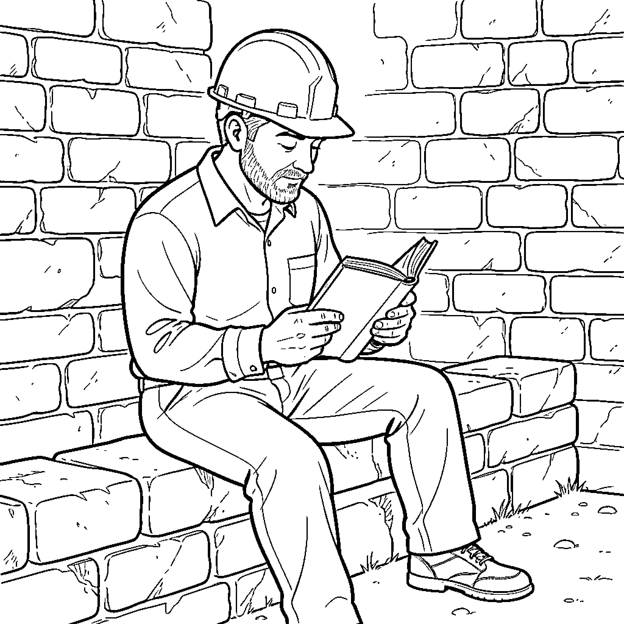 Mason wearing a hard hat reading a book Coloring Page (free black-and-white line drawing printable PDF for all, from beginners to advanced learners, including children, teens, adults, and seniors)