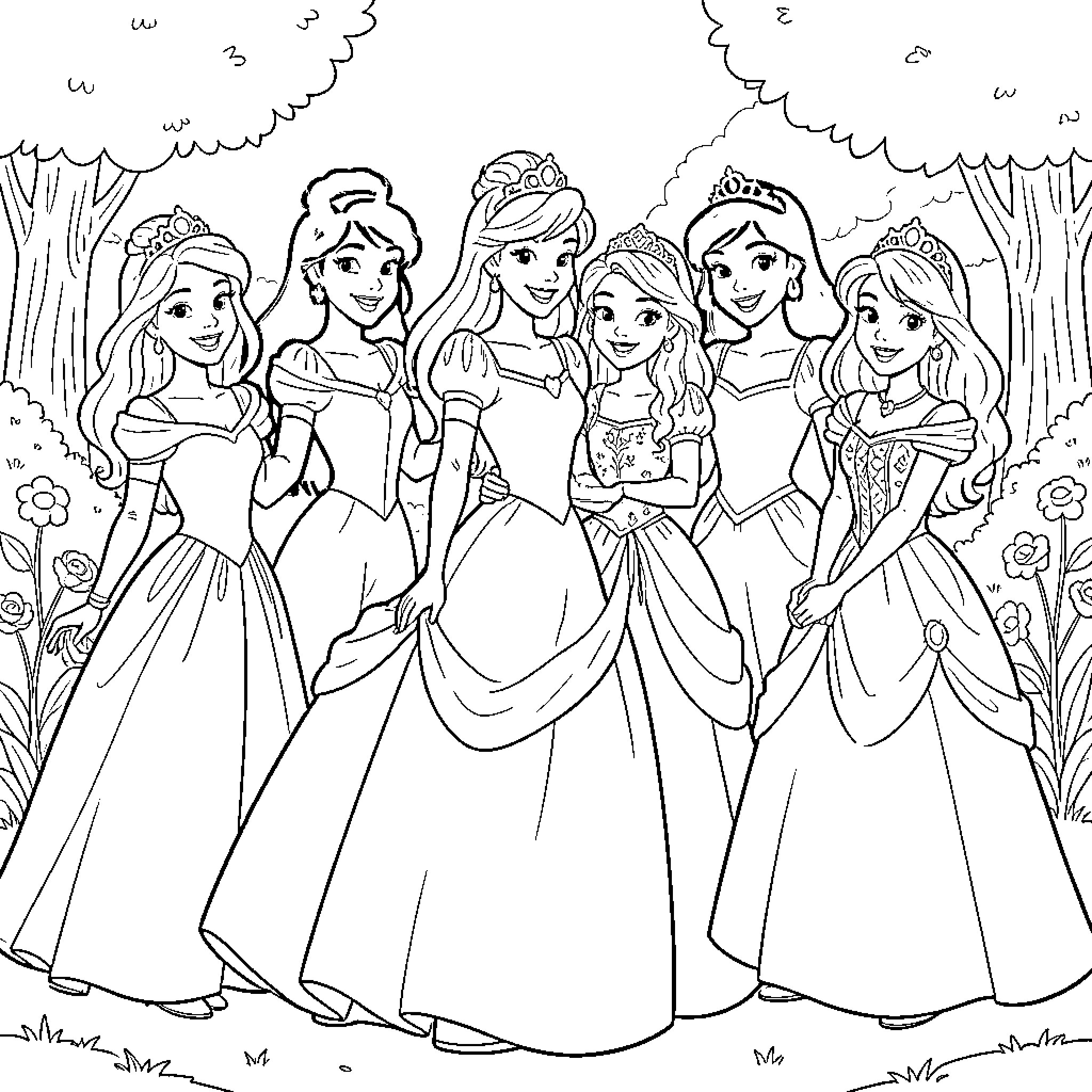 Disney Princesses posing together in elegant gowns Coloring Page (free black-and-white line drawing printable PDF for all, from beginners to advanced learners, including children, teens, adults, and seniors)