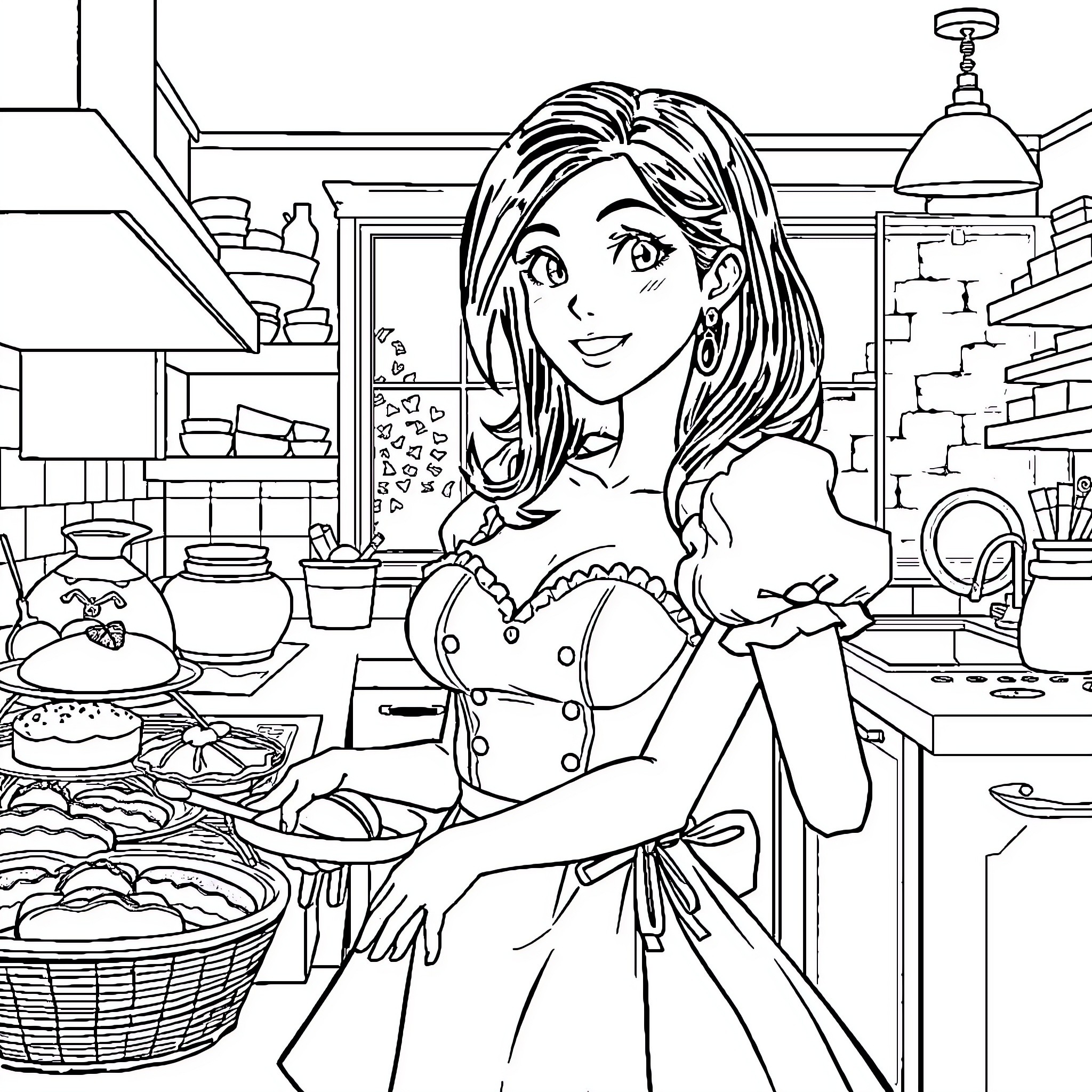 Tifa in the Kitchen: A Culinary Delight Coloring Page (free black-and-white line drawing printable PDF for all, from beginners to advanced learners, including children, teens, adults, and seniors)