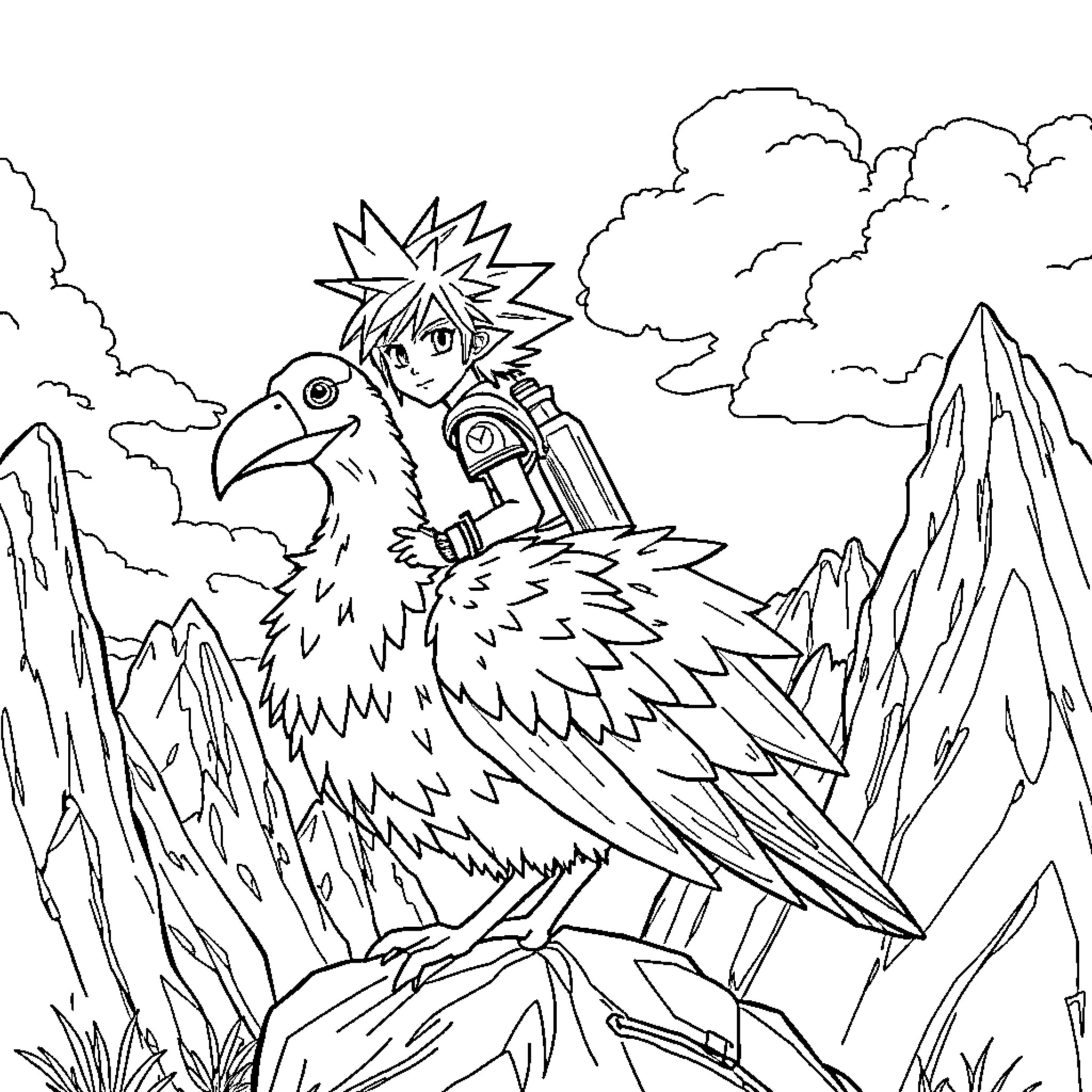 Chocobo Adventurer in a Fantastical Landscape Coloring Page (free black-and-white line drawing printable PDF for all, from beginners to advanced learners, including children, teens, adults, and seniors)