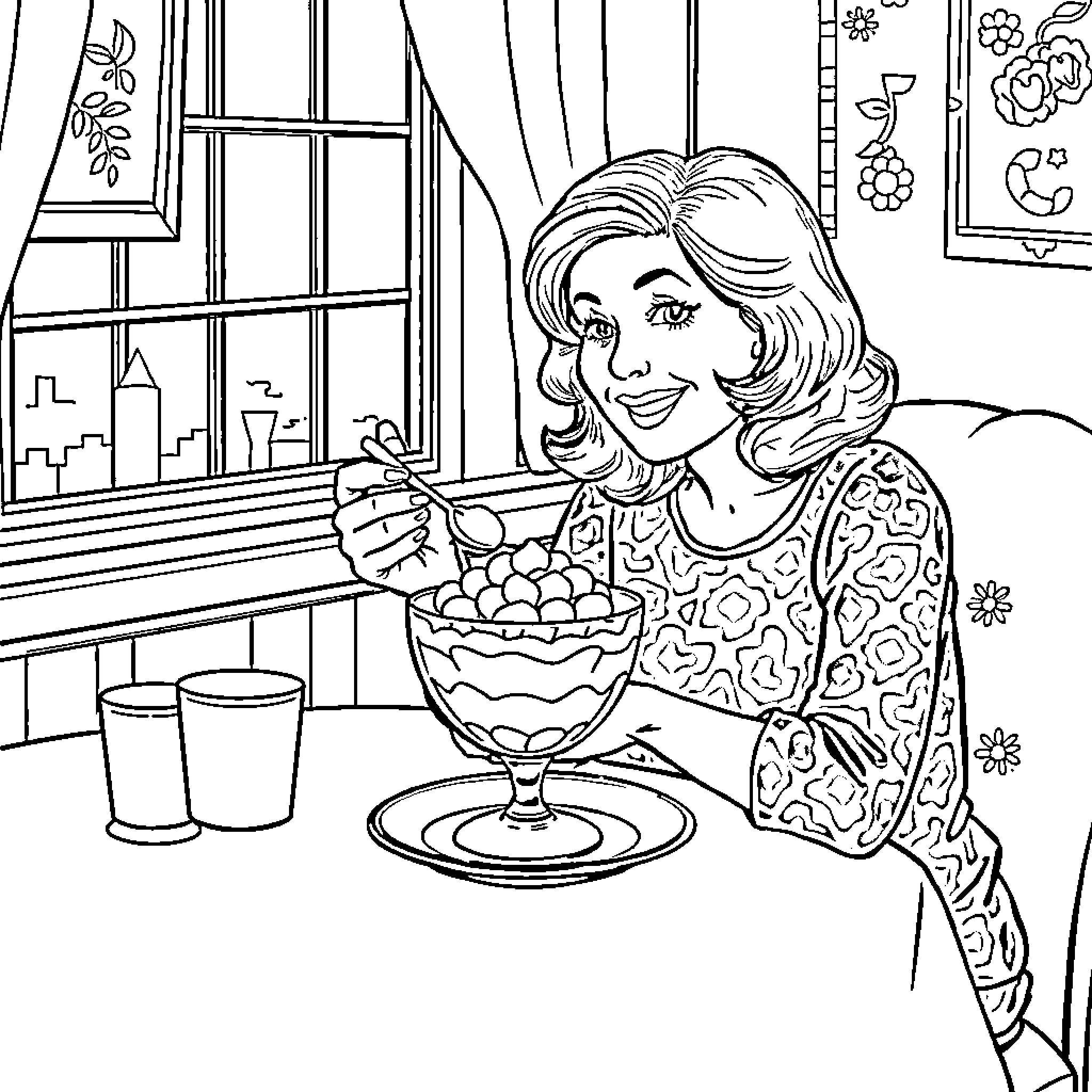 Audrey Chawner enjoying a delightful snack by the window Coloring Page (free black-and-white line drawing printable PDF for all, from beginners to advanced learners, including children, teens, adults, and seniors)