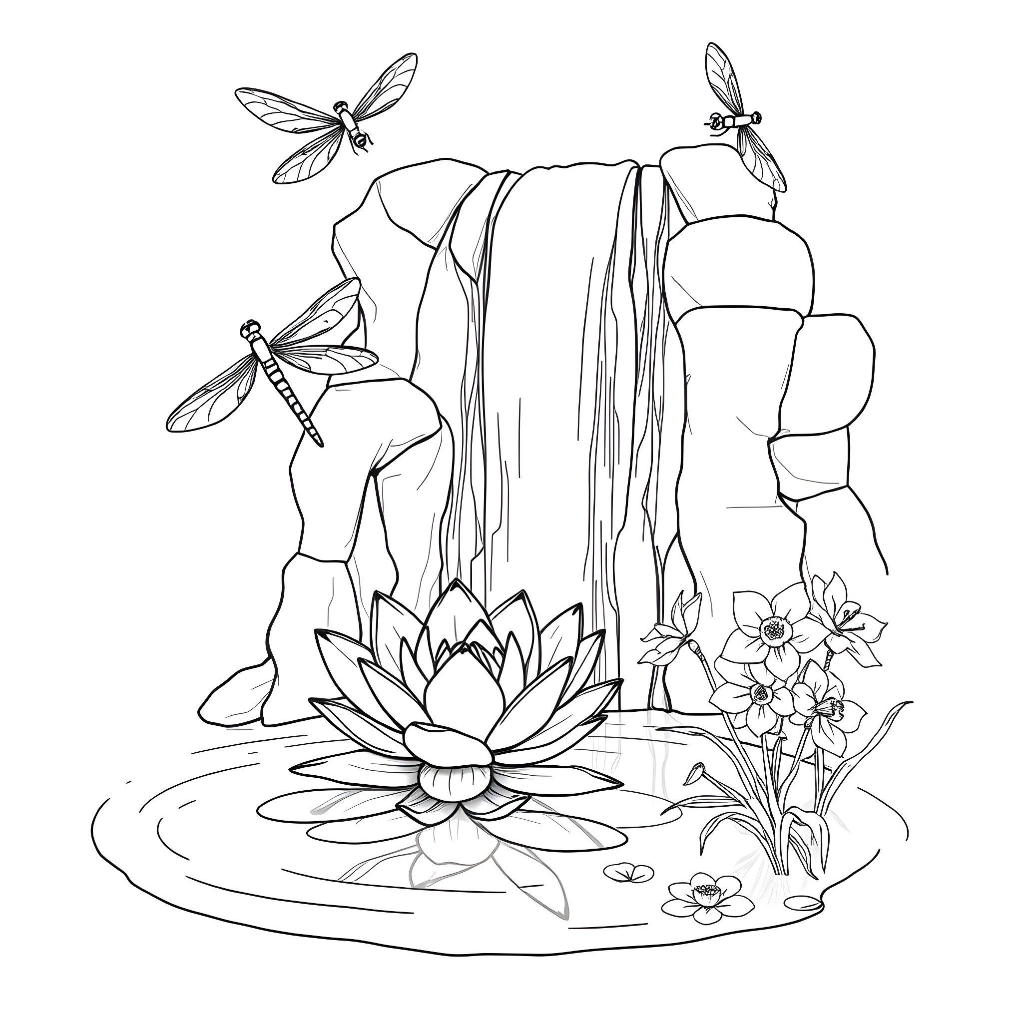 Dragonflies hovering over a serene pond with water lilies Coloring Page (free black-and-white line drawing printable PDF for all, from beginners to advanced learners, including children, teens, adults, and seniors)