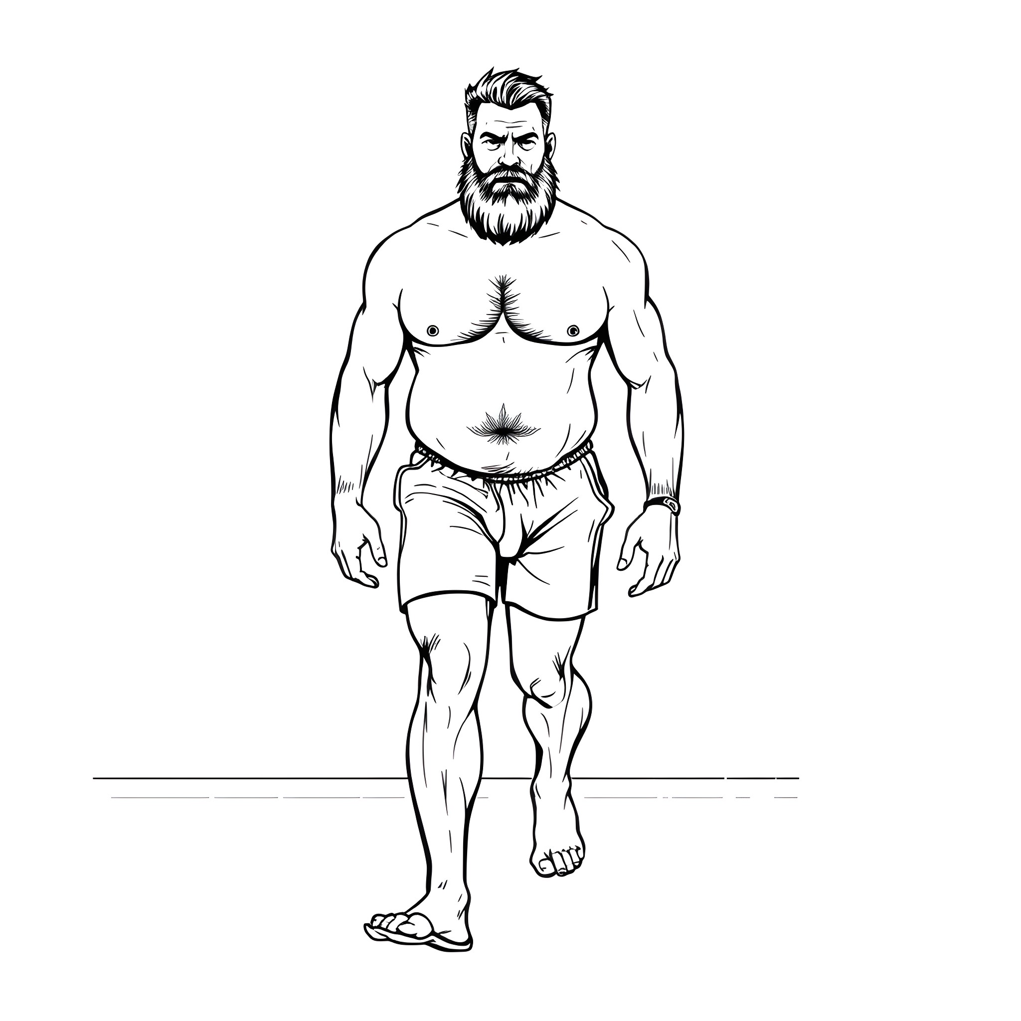 Man flexing muscular body with beard Coloring Page (free black-and-white line drawing printable PDF for all, from beginners to advanced learners, including children, teens, adults, and seniors)
