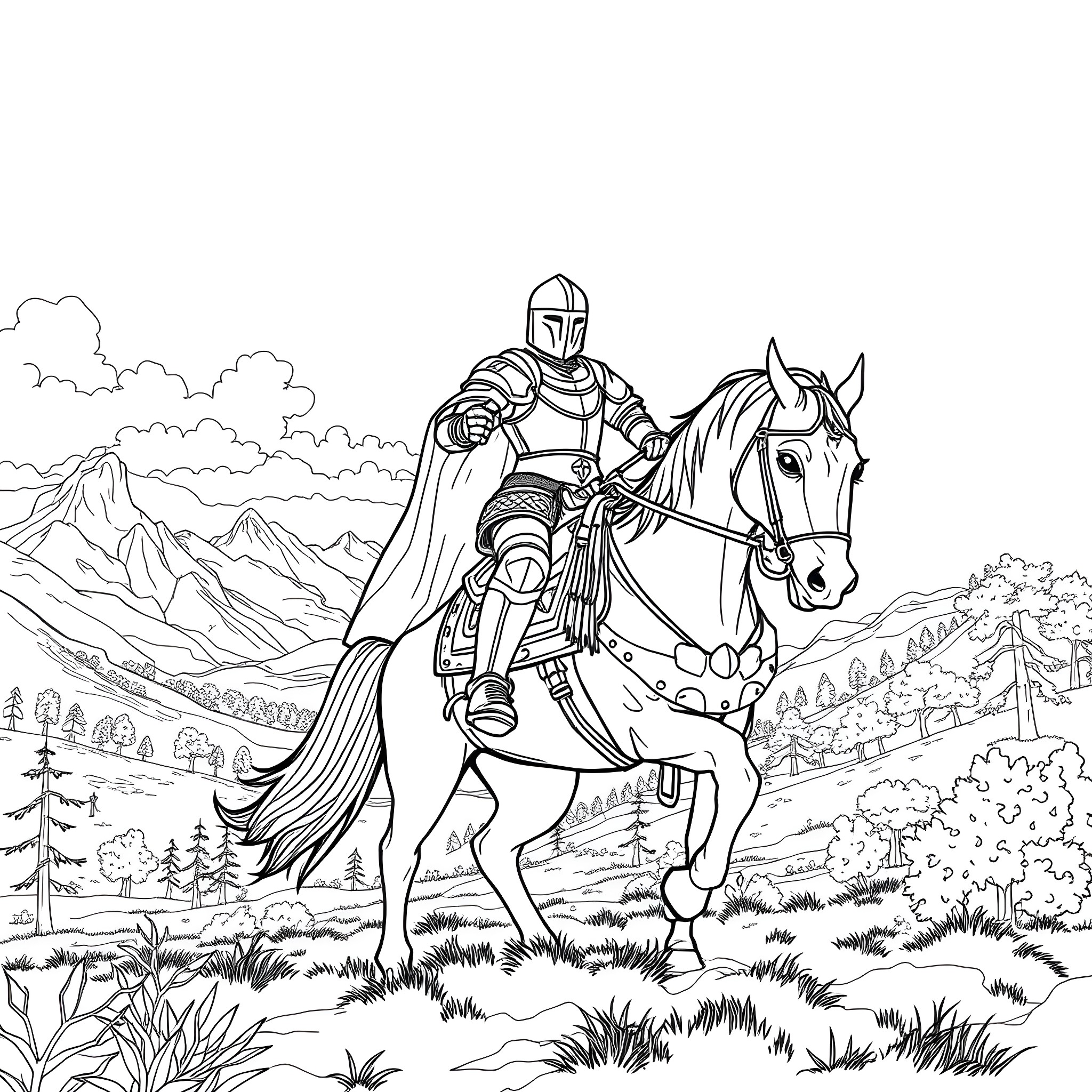 Knight on horseback in the wilderness Coloring Page (free black-and-white line drawing printable PDF for all, from beginners to advanced learners, including children, teens, adults, and seniors)