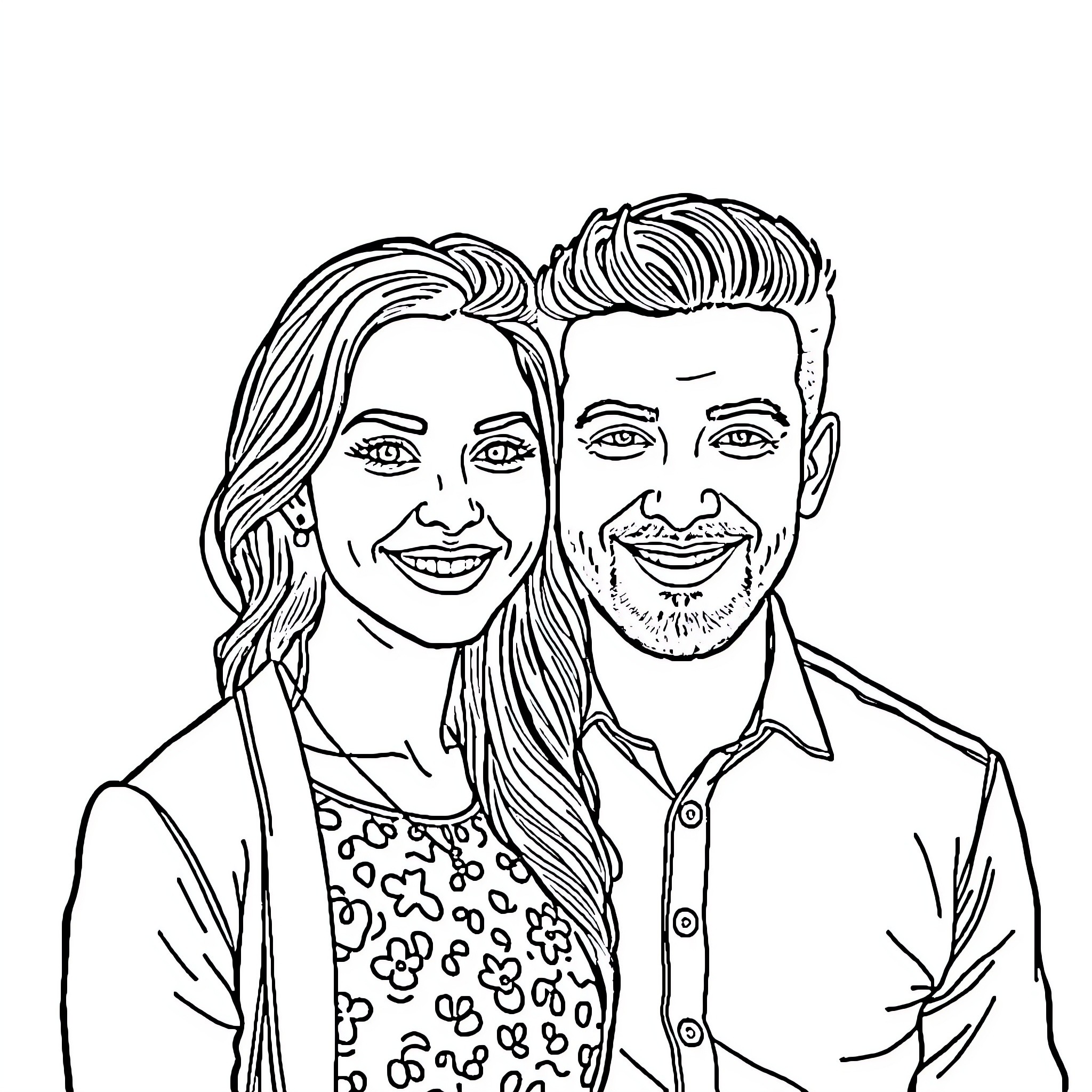 Sakina Karchaoui and companion sharing joyful expressions Coloring Page (free black-and-white line drawing printable PDF for all, from beginners to advanced learners, including children, teens, adults, and seniors)