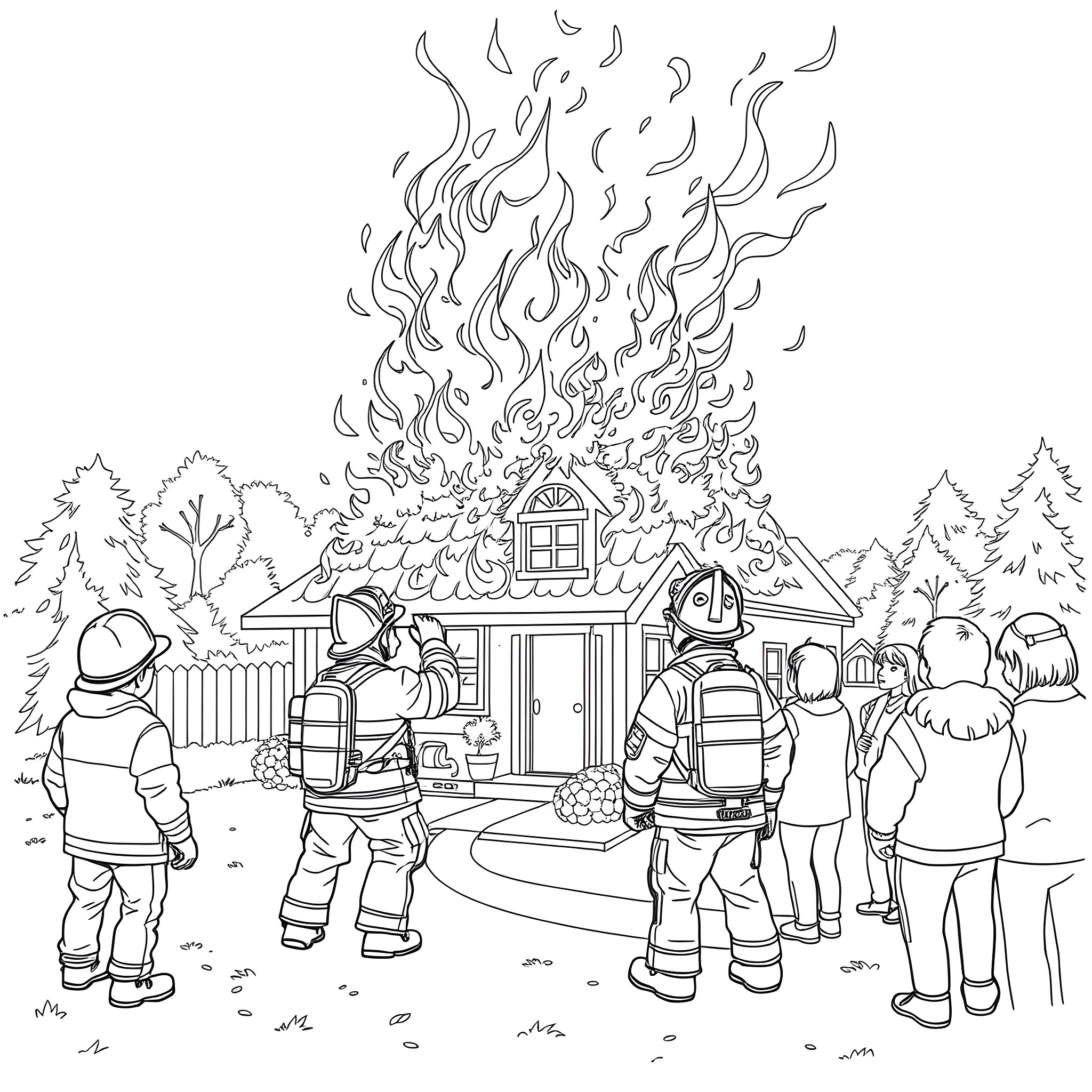 Firefighter responding to a burning house emergency Coloring Page (free black-and-white line drawing printable PDF for all, from beginners to advanced learners, including children, teens, adults, and seniors)