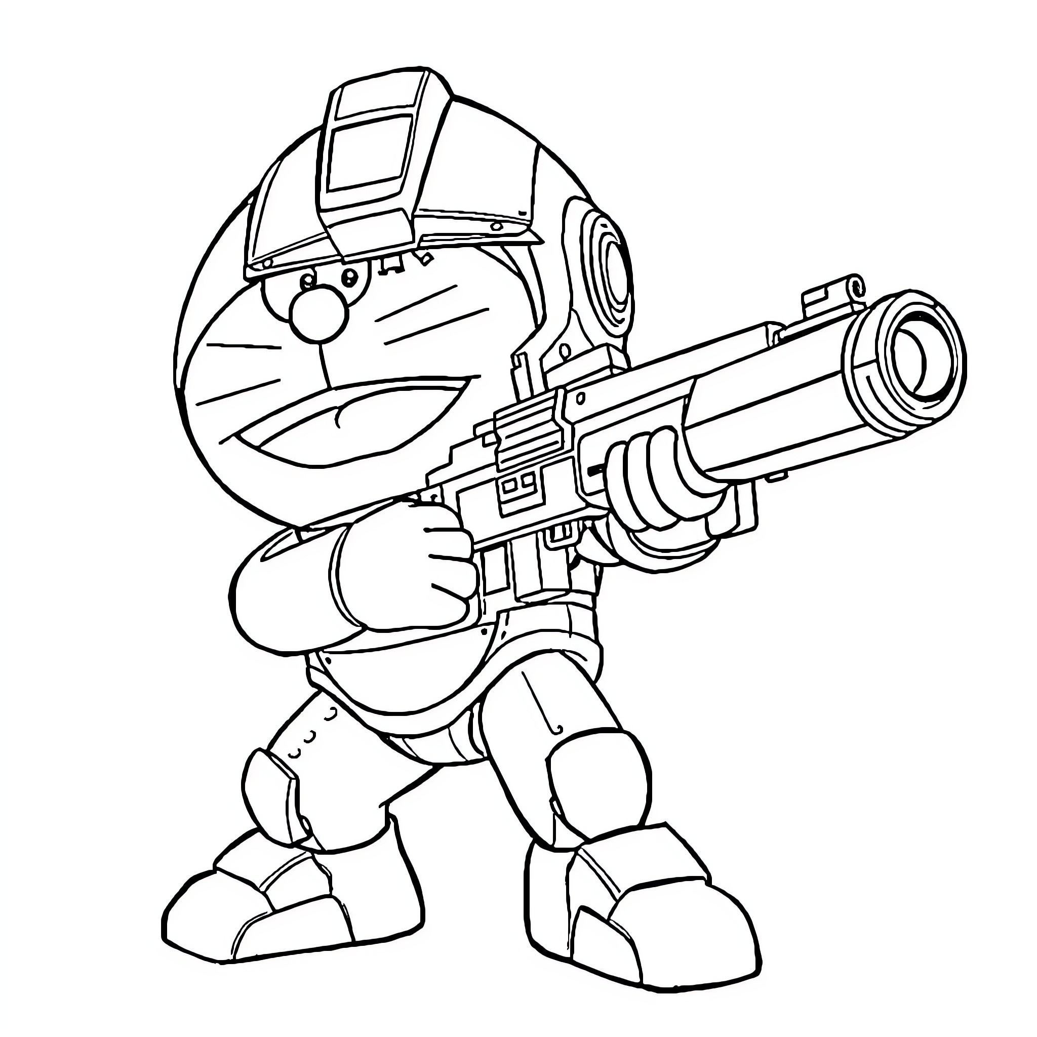 Doraemon wielding a futuristic blaster Coloring Page (free black-and-white line drawing printable PDF for all, from beginners to advanced learners, including children, teens, adults, and seniors)