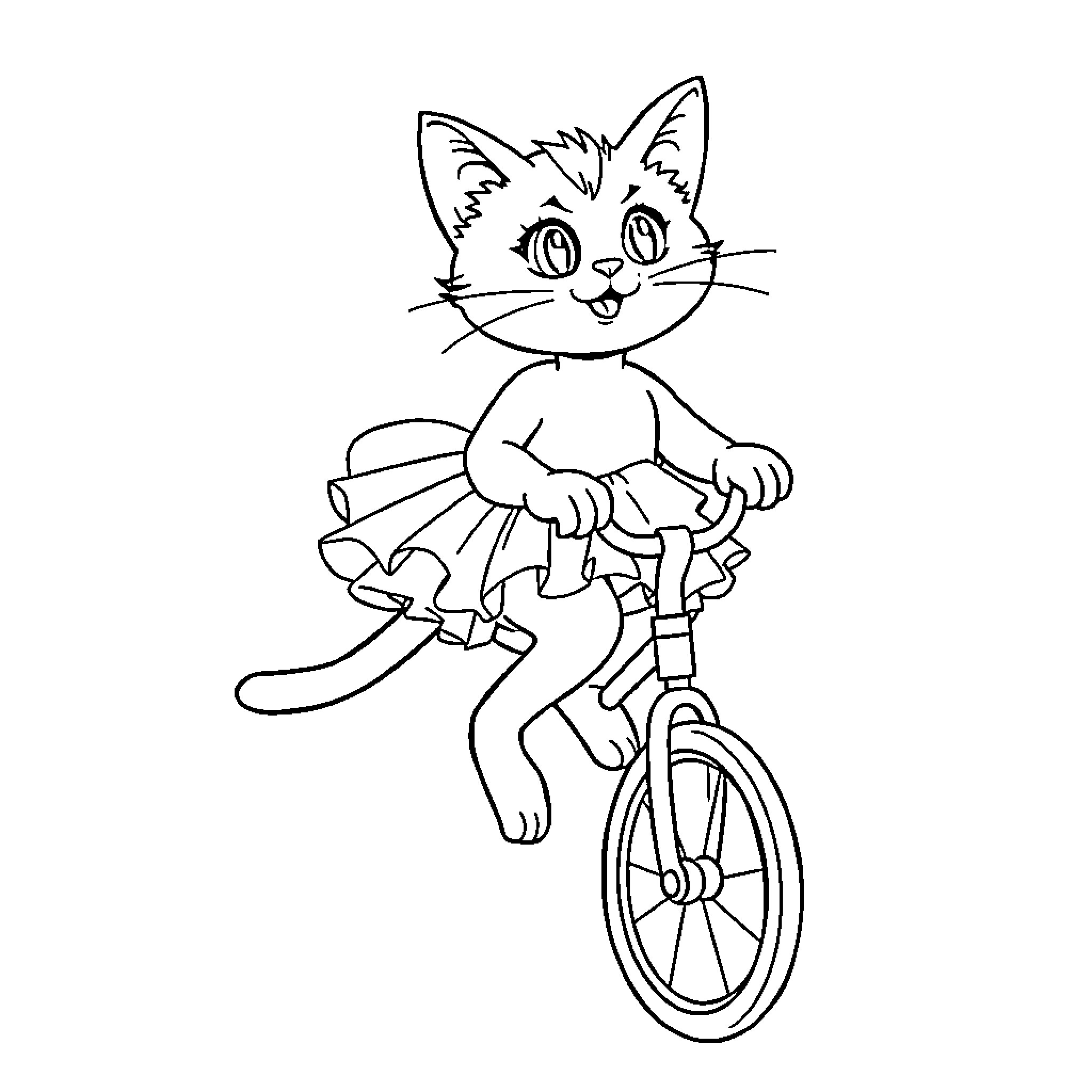 Cat riding a unicycle in a dress Coloring Page (free black-and-white line drawing printable PDF for all, from beginners to advanced learners, including children, teens, adults, and seniors)