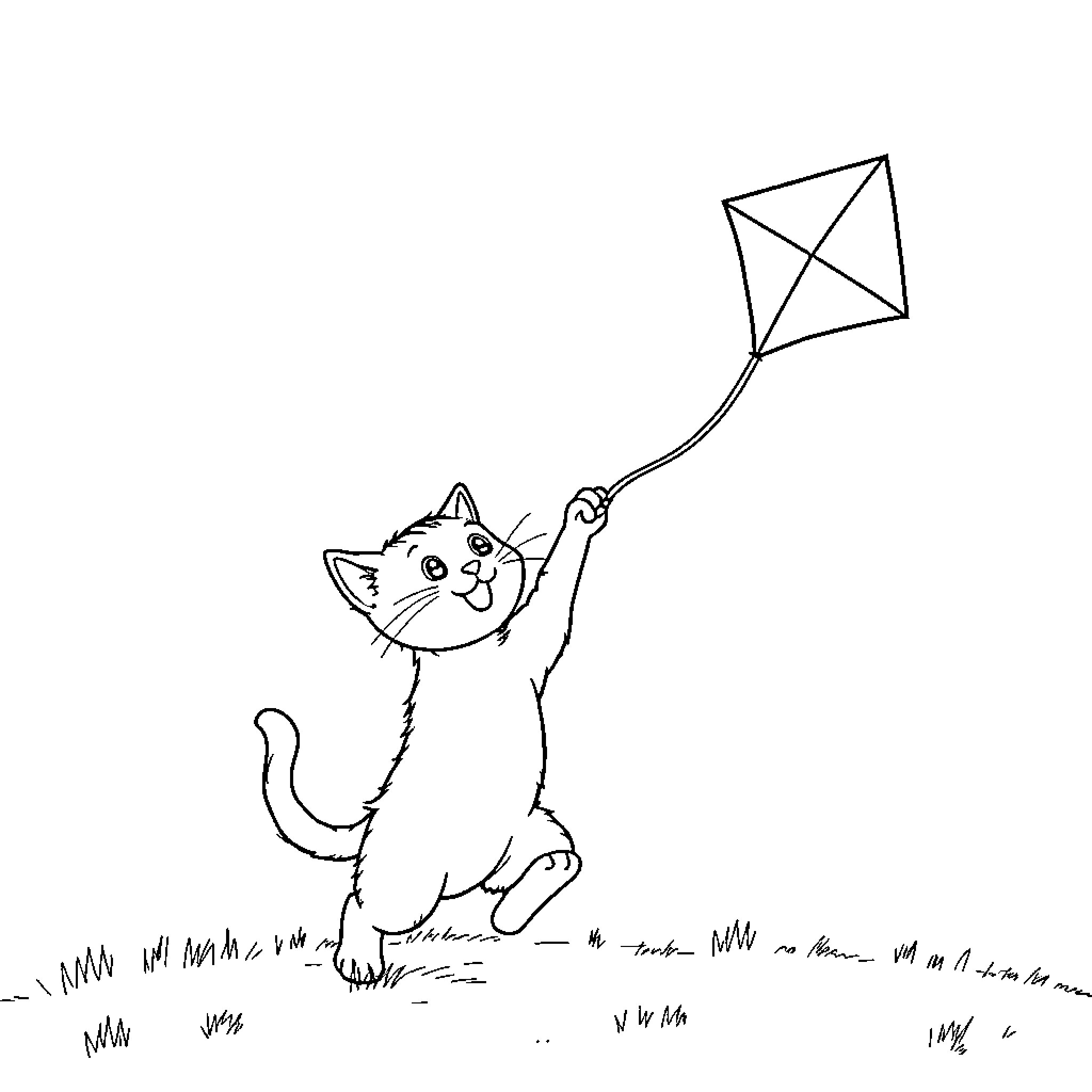 Cat playing with kite on grassy field Coloring Page (free black-and-white line drawing printable PDF for all, from beginners to advanced learners, including children, teens, adults, and seniors)