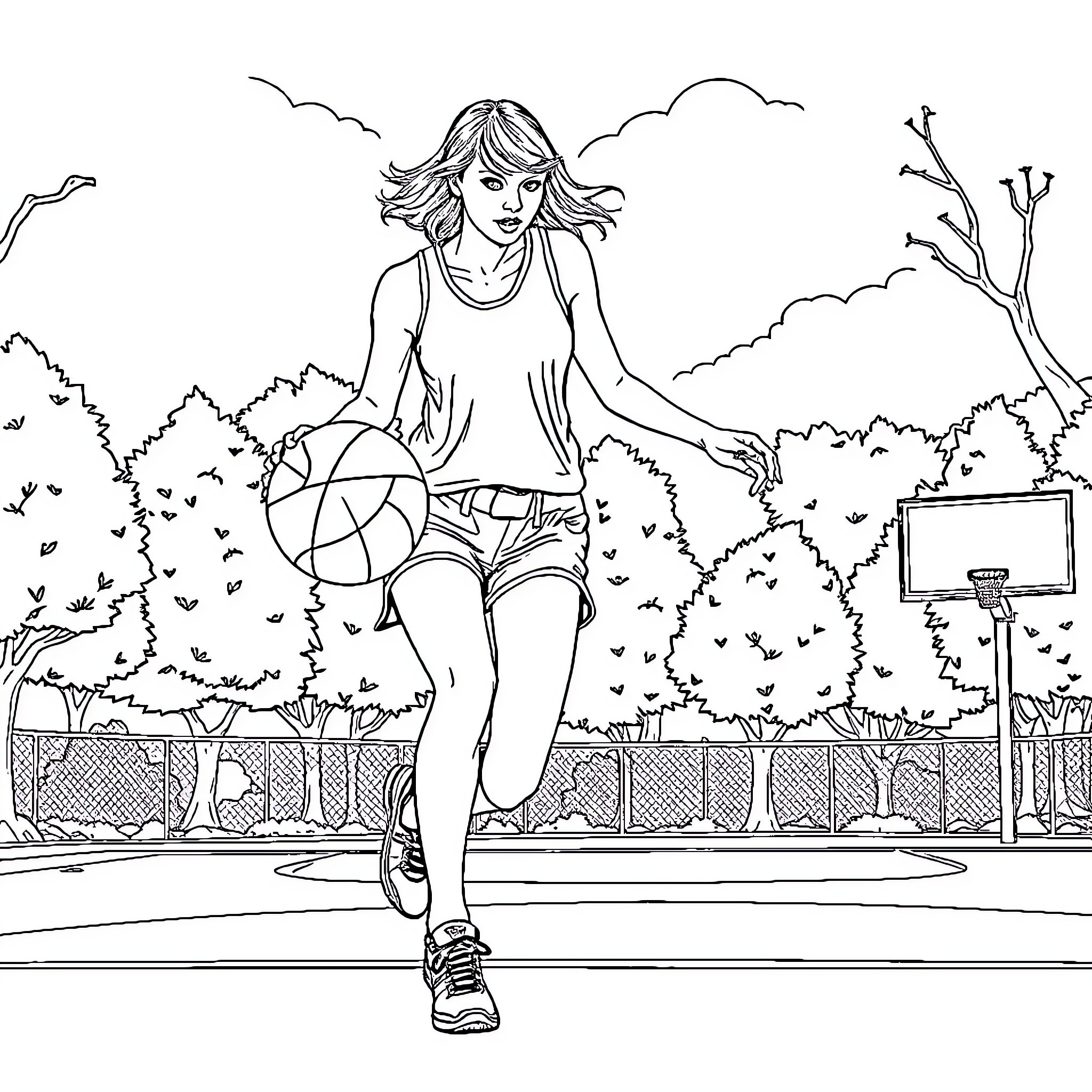 Taylor Swift playing basketball on outdoor court Coloring Page (free black-and-white line drawing printable PDF for all, from beginners to advanced learners, including children, teens, adults, and seniors)