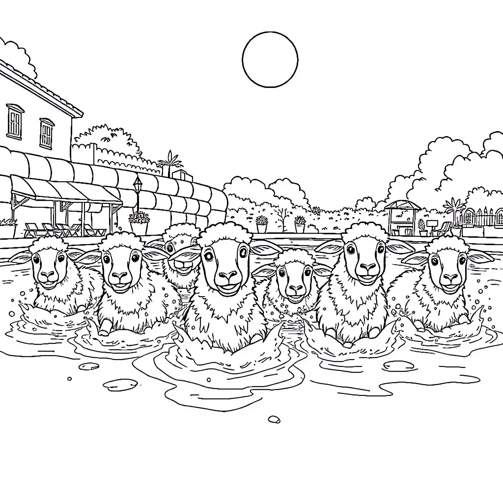 Sheep cooling off in a peaceful town square Coloring Page (free black-and-white line drawing printable PDF for all, from beginners to advanced learners, including children, teens, adults, and seniors)