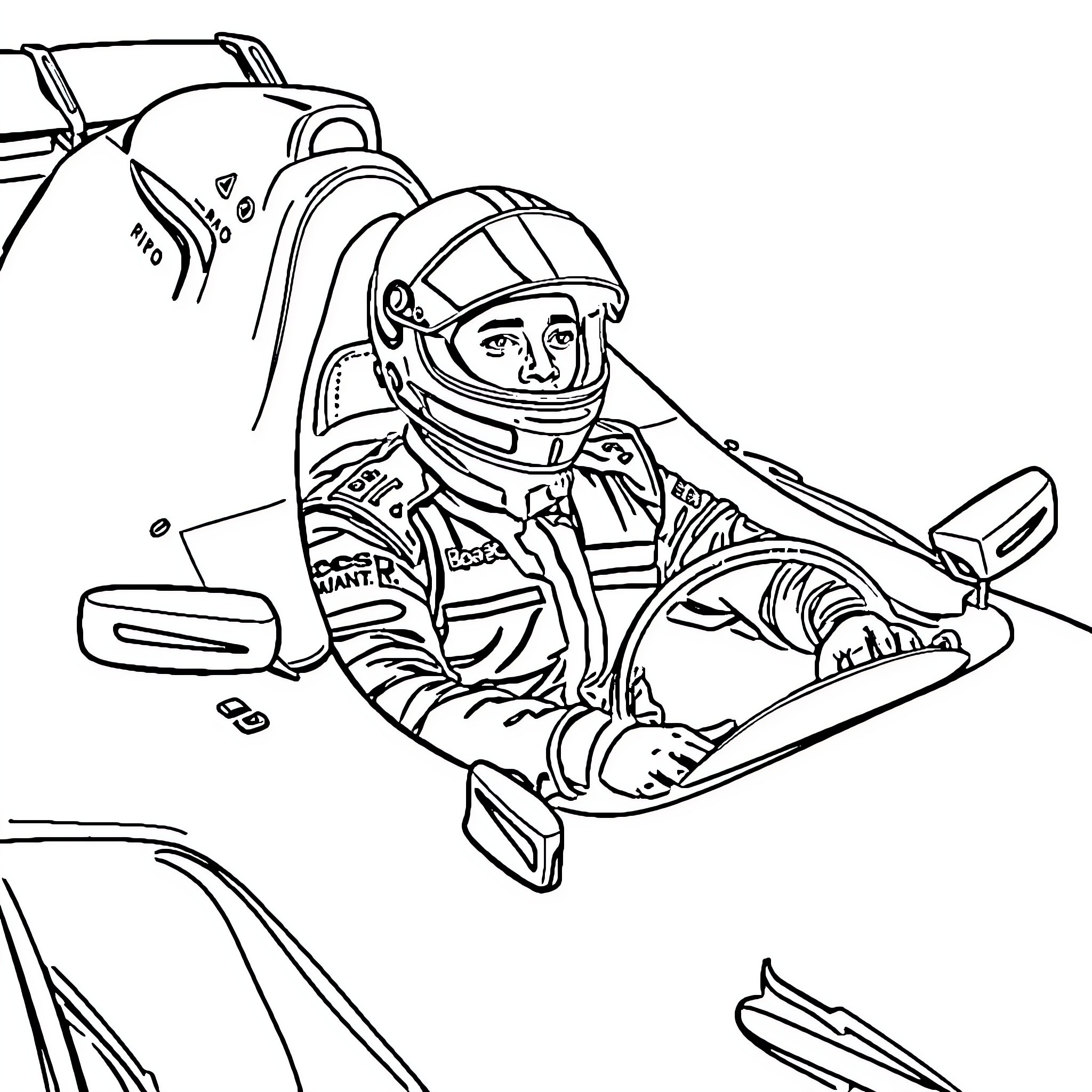 Mbappe in racing gear driving high-speed vehicle Coloring Page (free black-and-white line drawing printable PDF for all, from beginners to advanced learners, including children, teens, adults, and seniors)