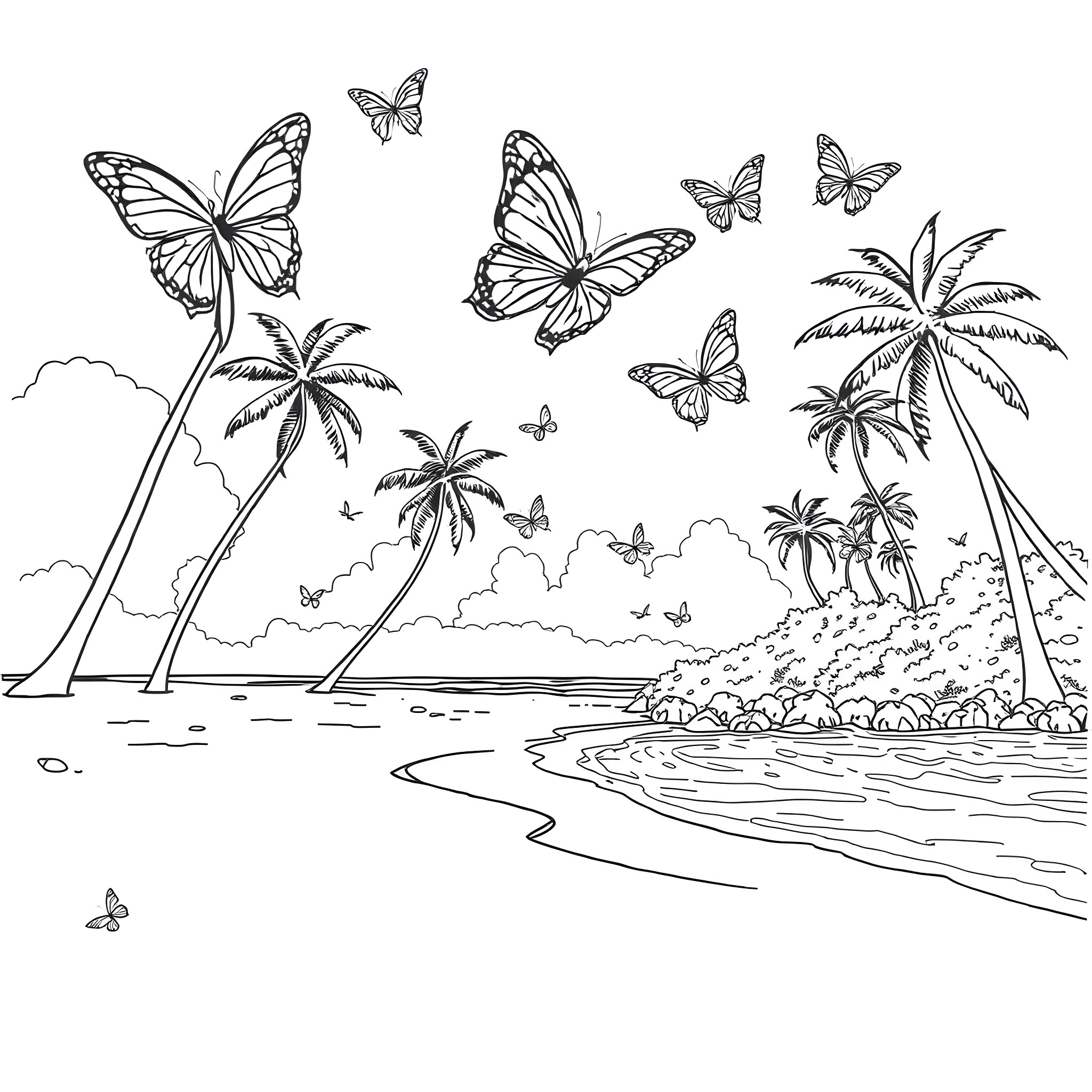 Butterflies in a tropical beach paradise Coloring Page (free black-and-white line drawing printable PDF for all, from beginners to advanced learners, including children, teens, adults, and seniors)